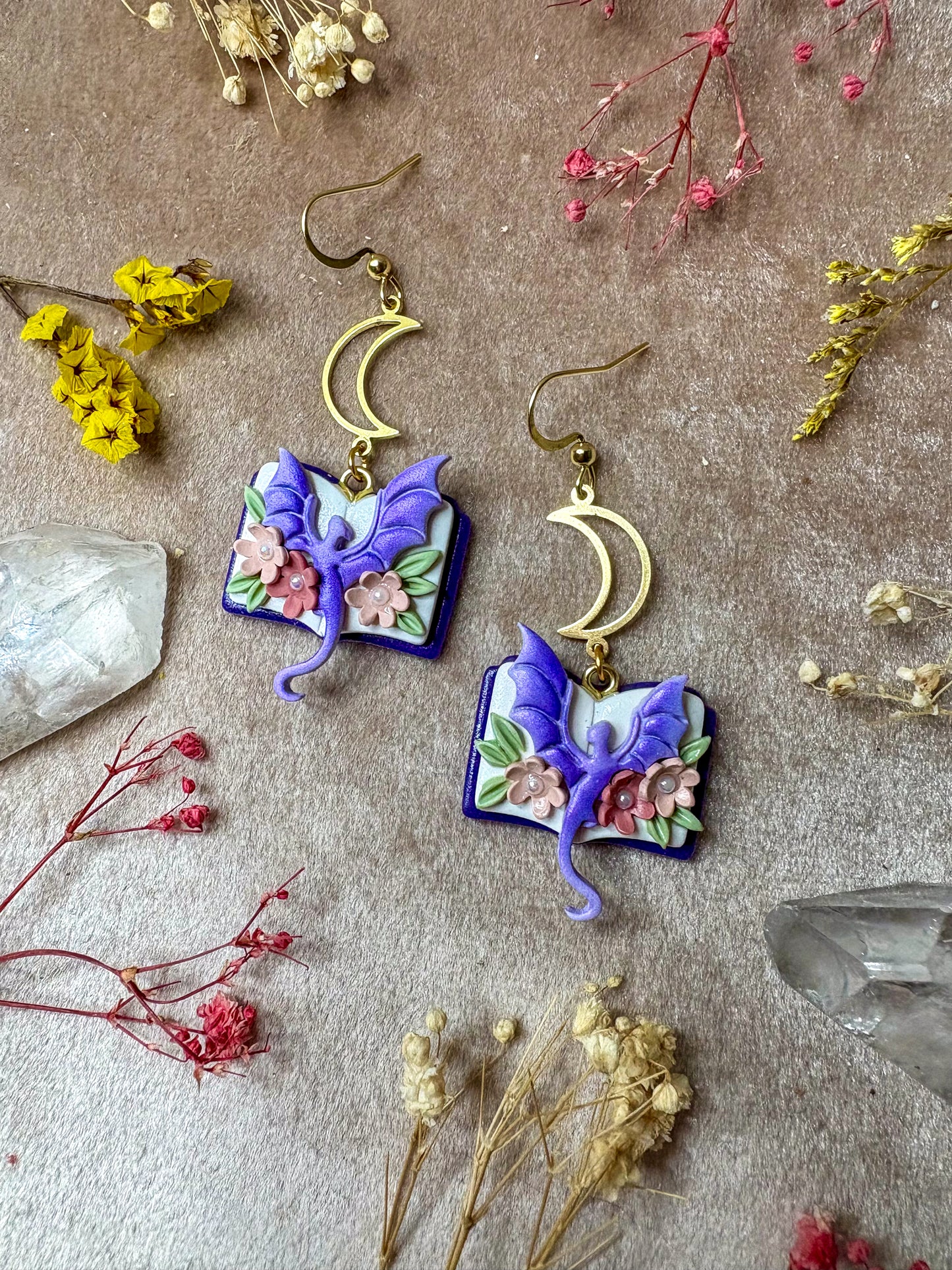 Floral Open Book Dragon Earrings