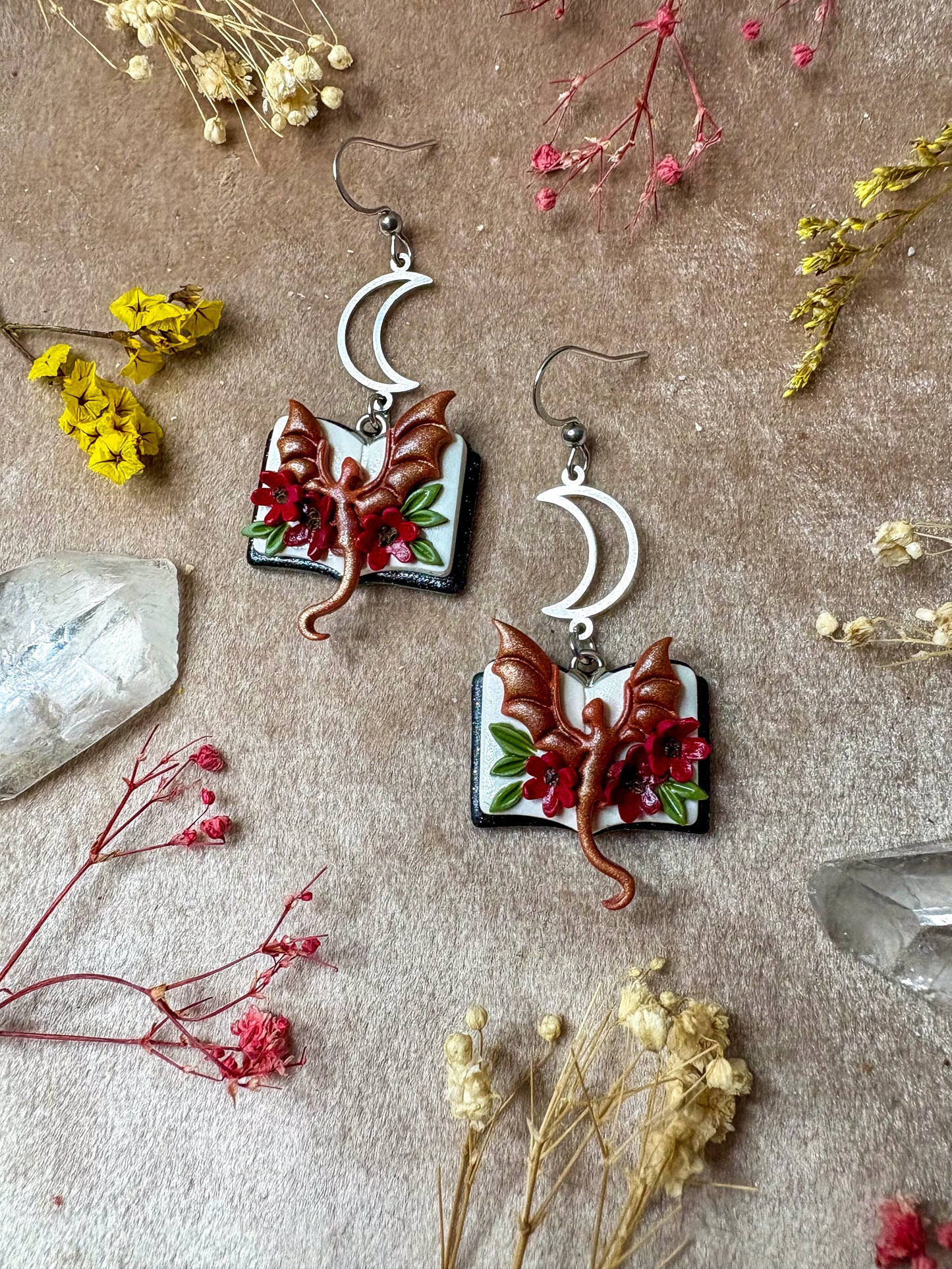 Floral Open Book Dragon Earrings