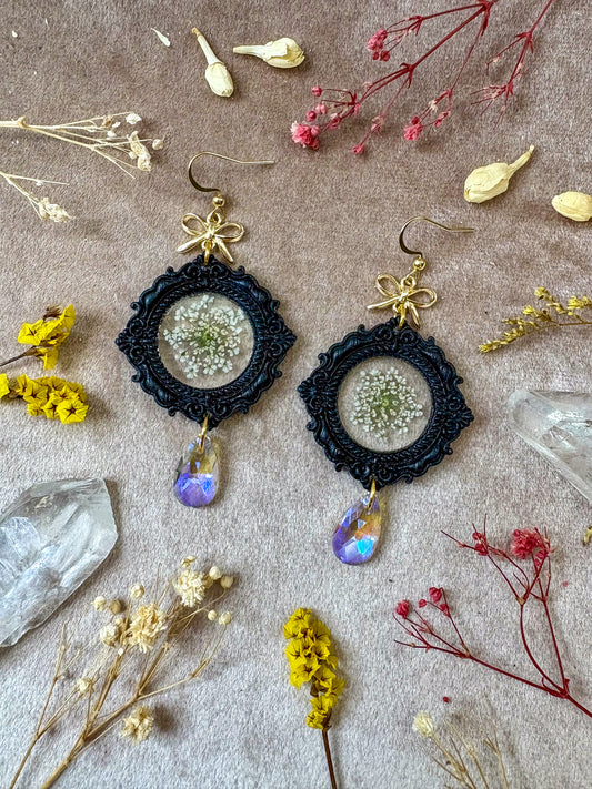 Round Floral Black Frame Earrings