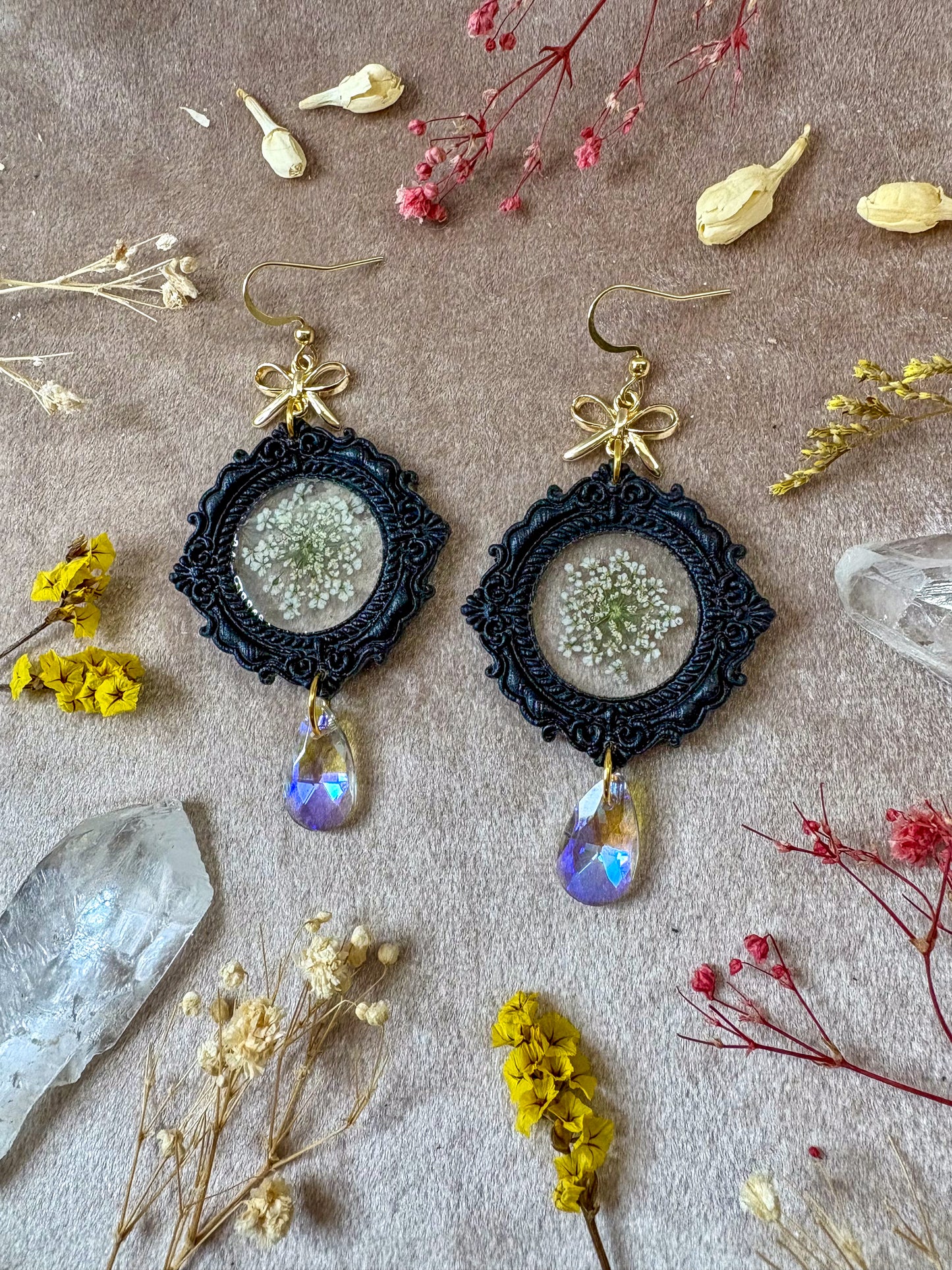 Round Floral Black Frame Earrings