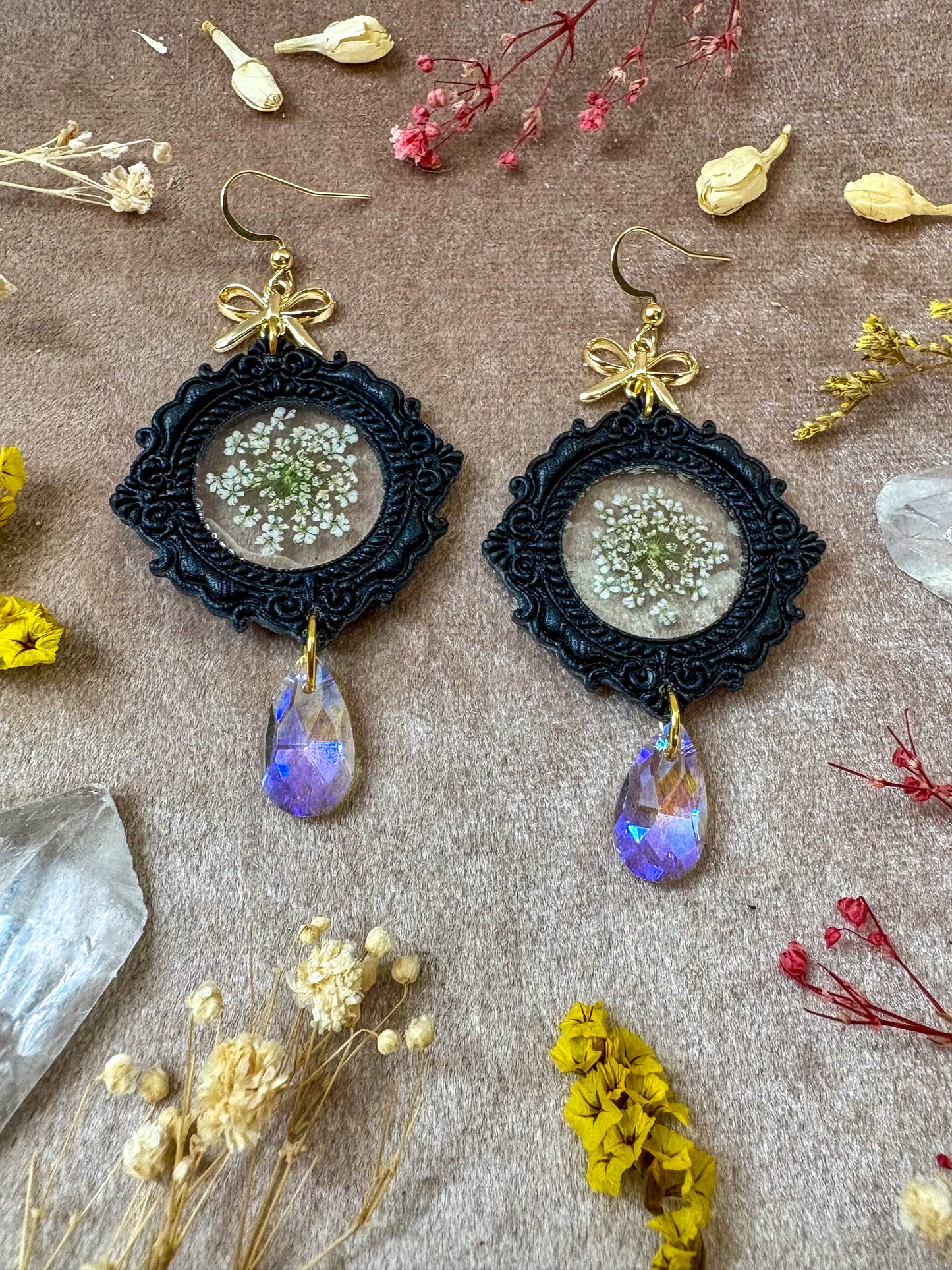 Round Floral Black Frame Earrings