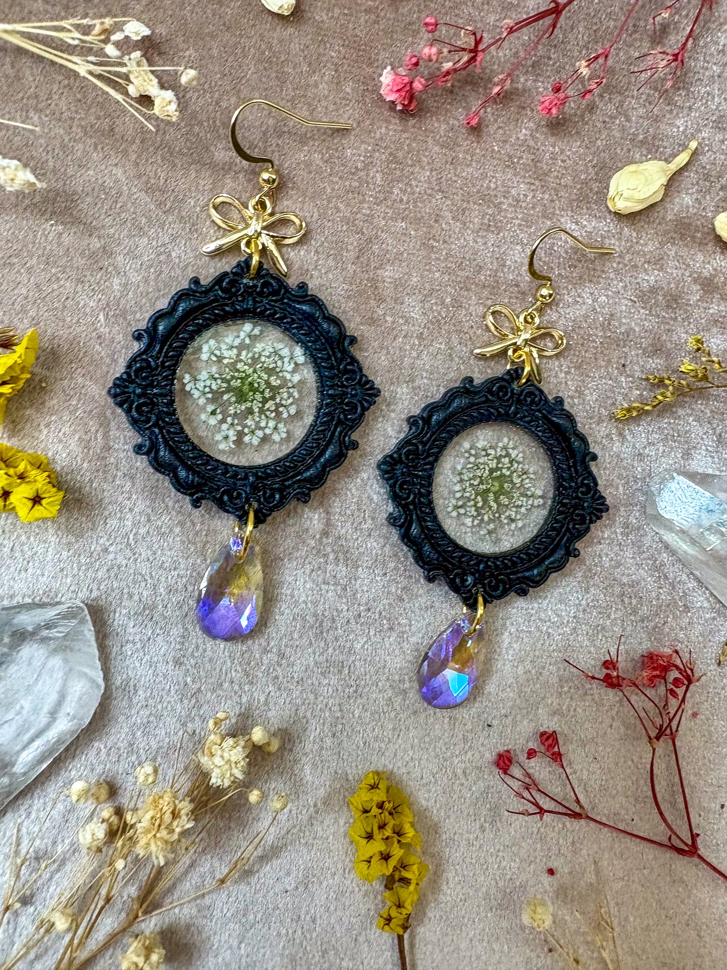 Round Floral Black Frame Earrings