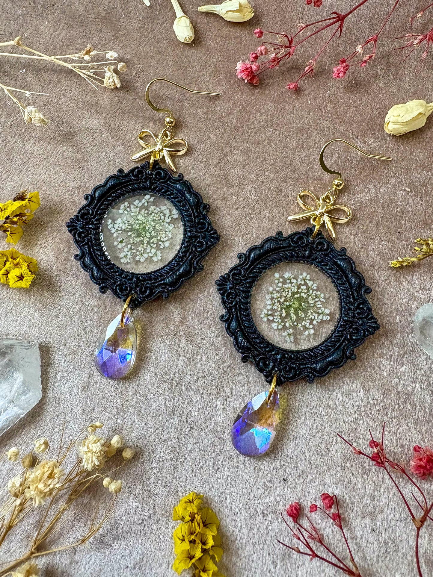 Round Floral Black Frame Earrings