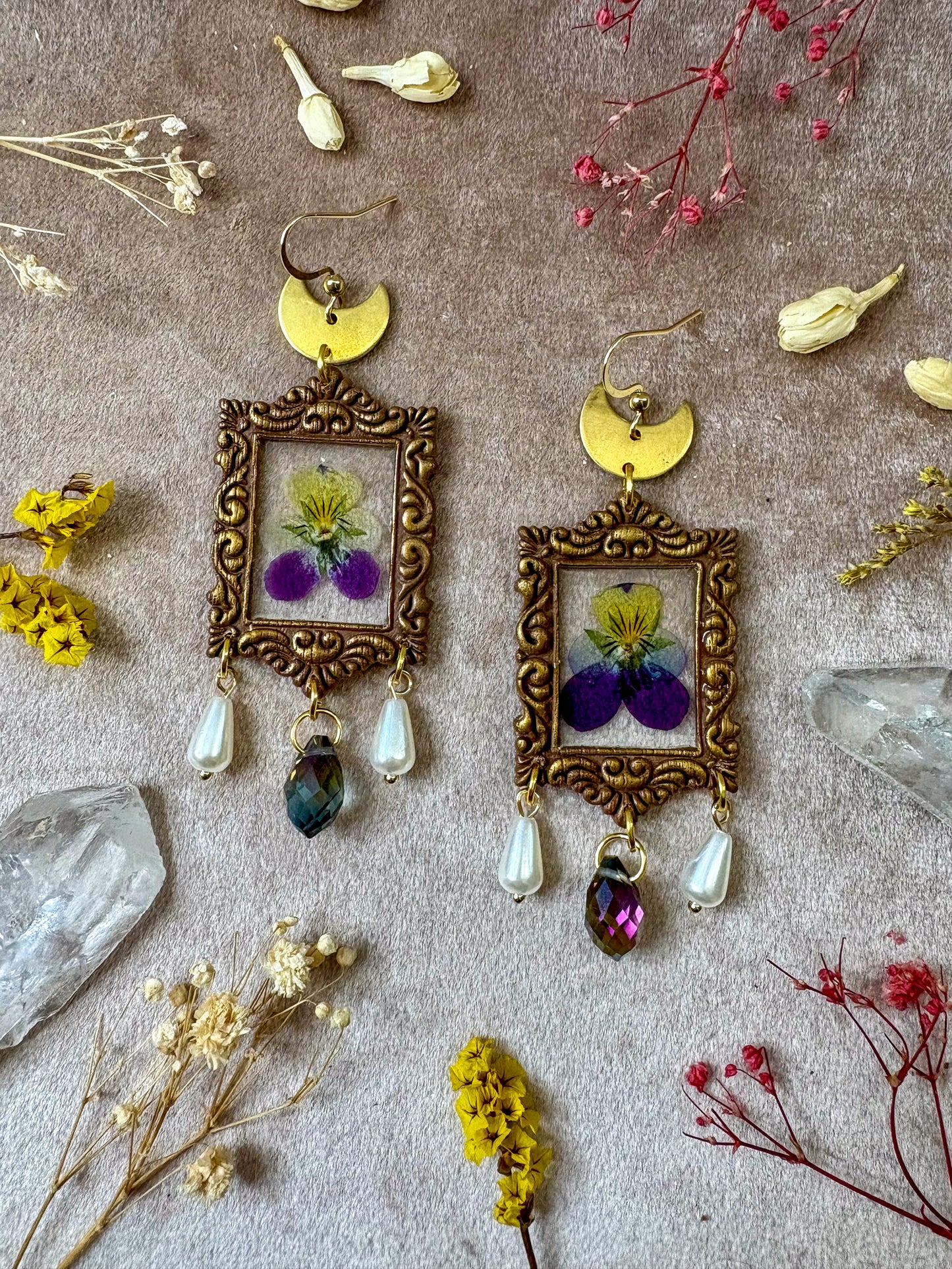 Purple Pansy Frame Earrings