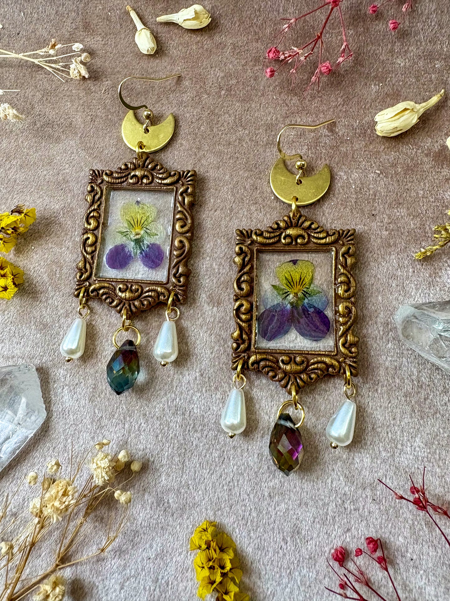 Purple Pansy Frame Earrings
