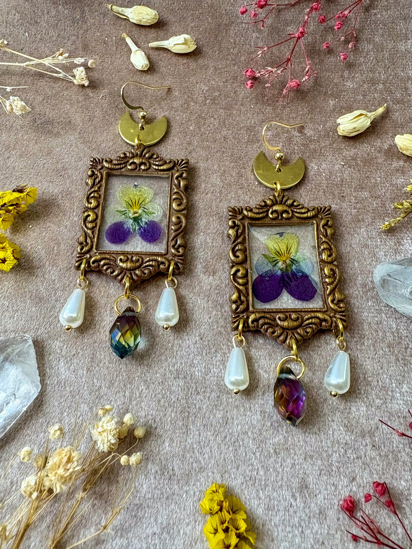 Purple Pansy Frame Earrings
