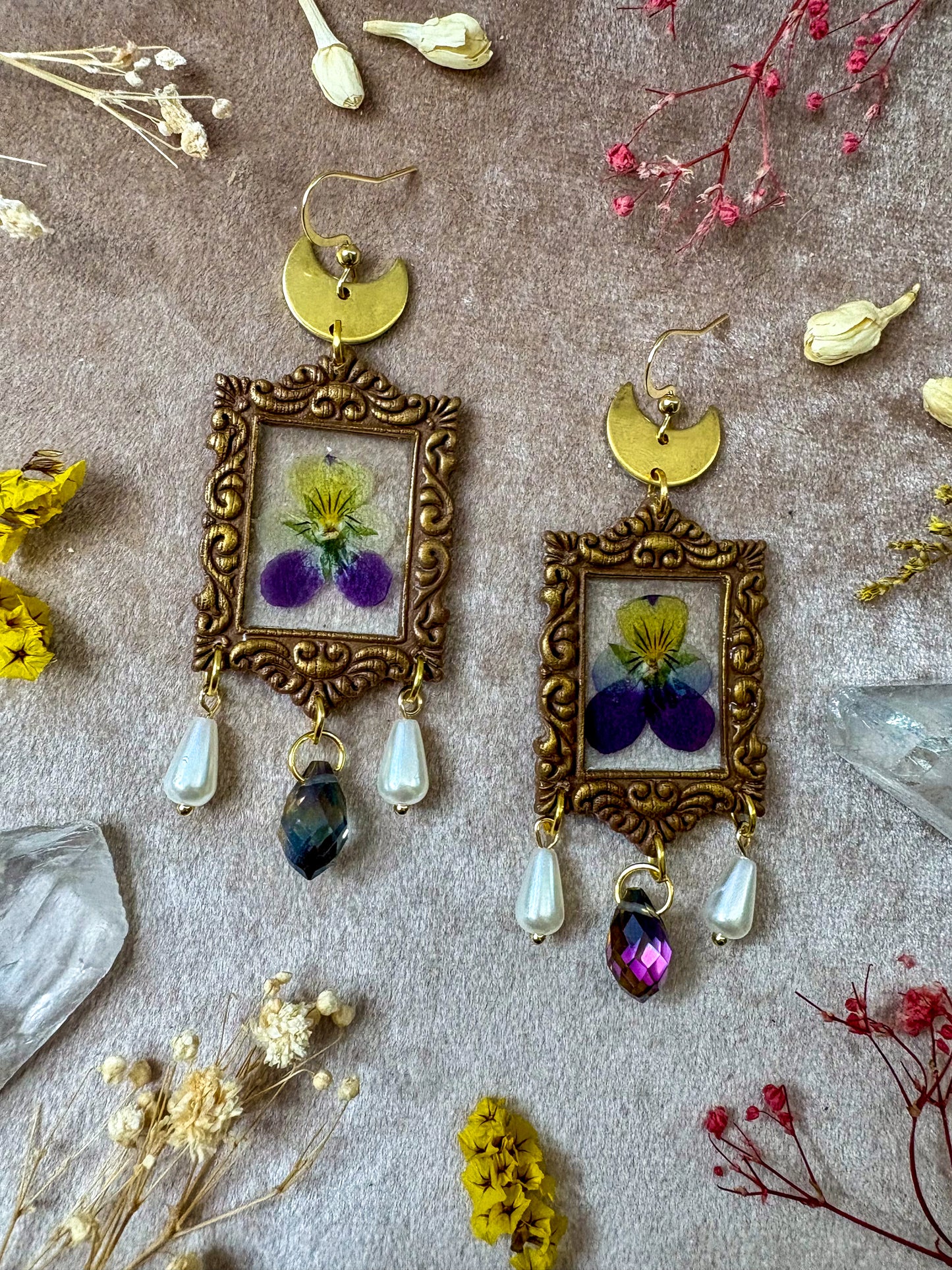 Purple Pansy Frame Earrings