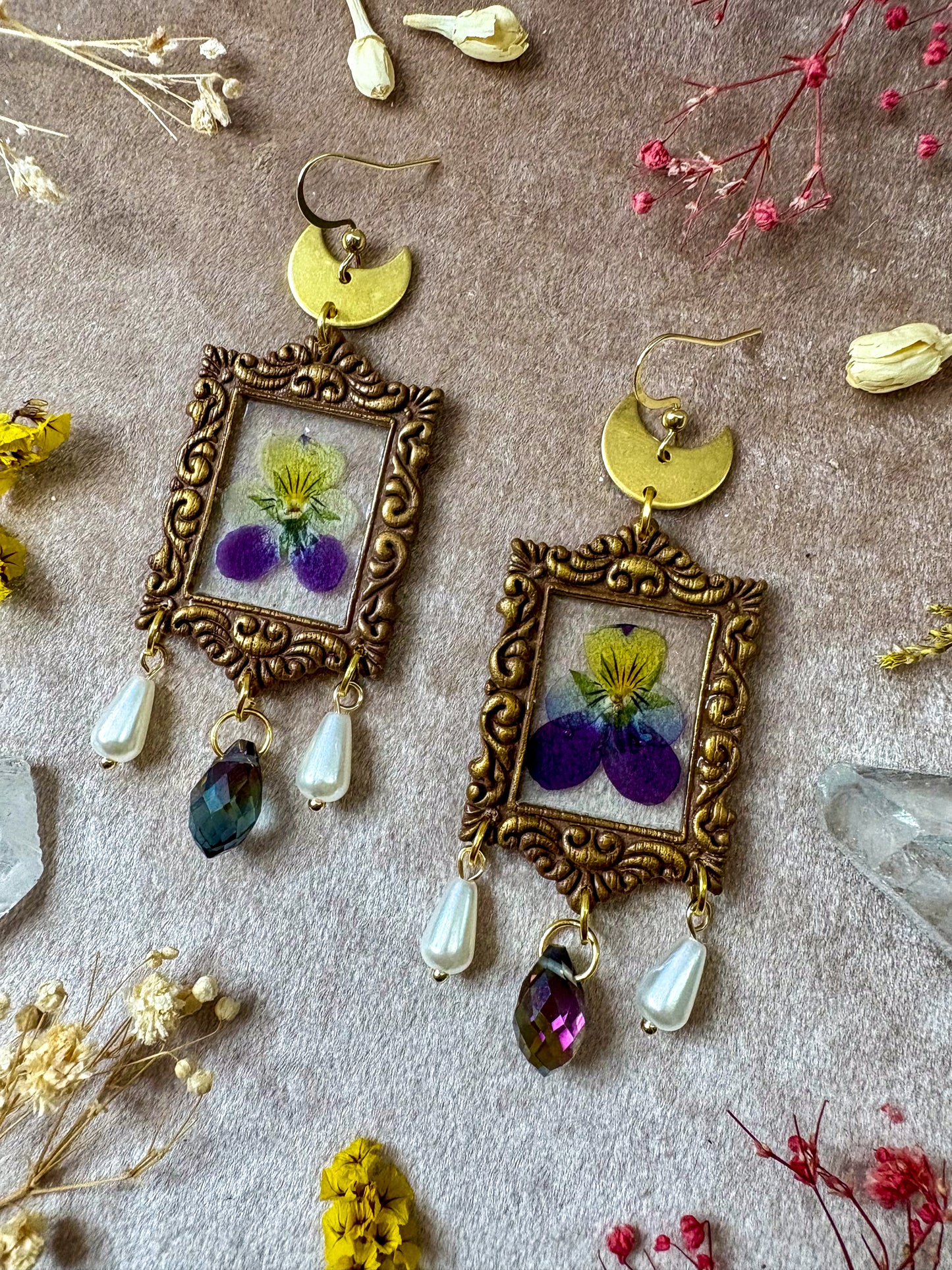 Purple Pansy Frame Earrings