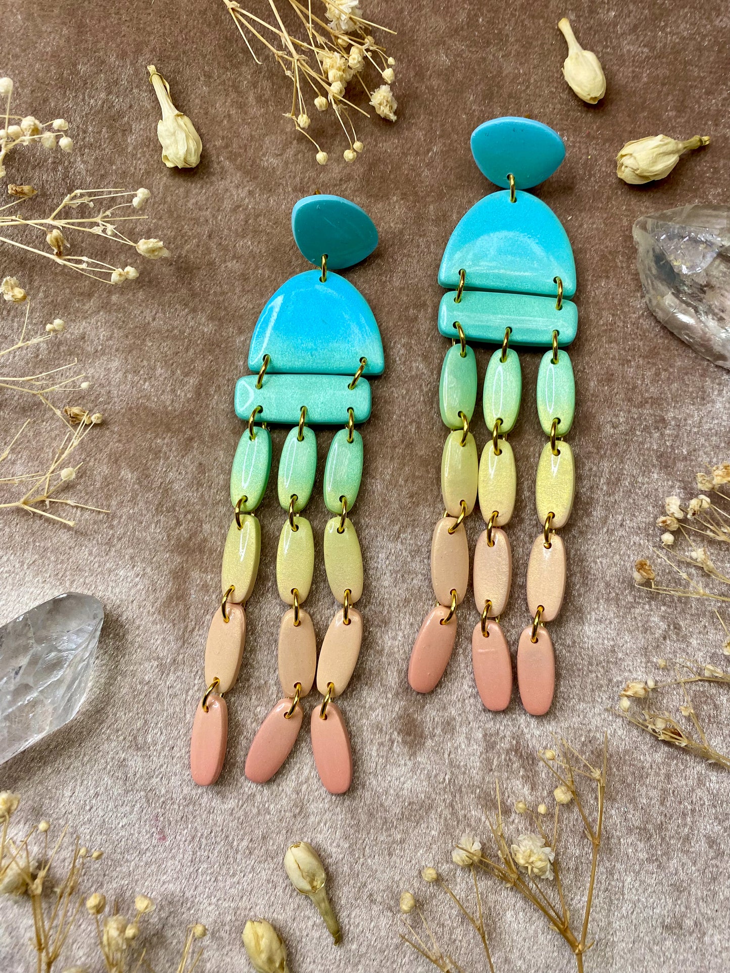polymer clay and resin pastel rainbow ombre cascade dangle earrings