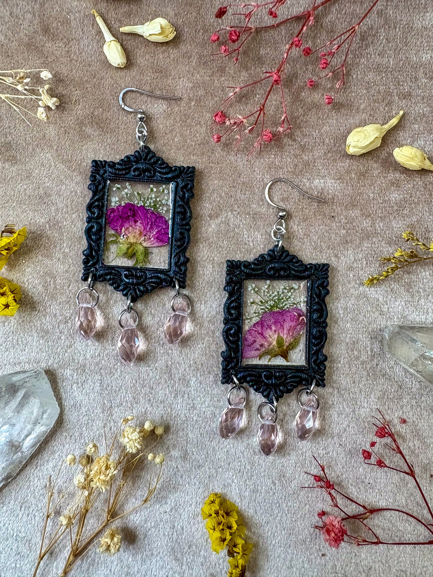 Pink Rose Rectangle Frame Earrings