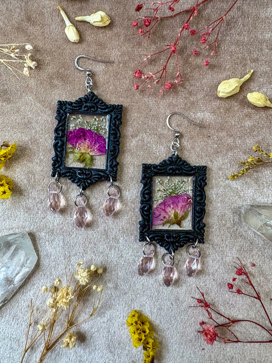 Pink Rose Rectangle Frame Earrings