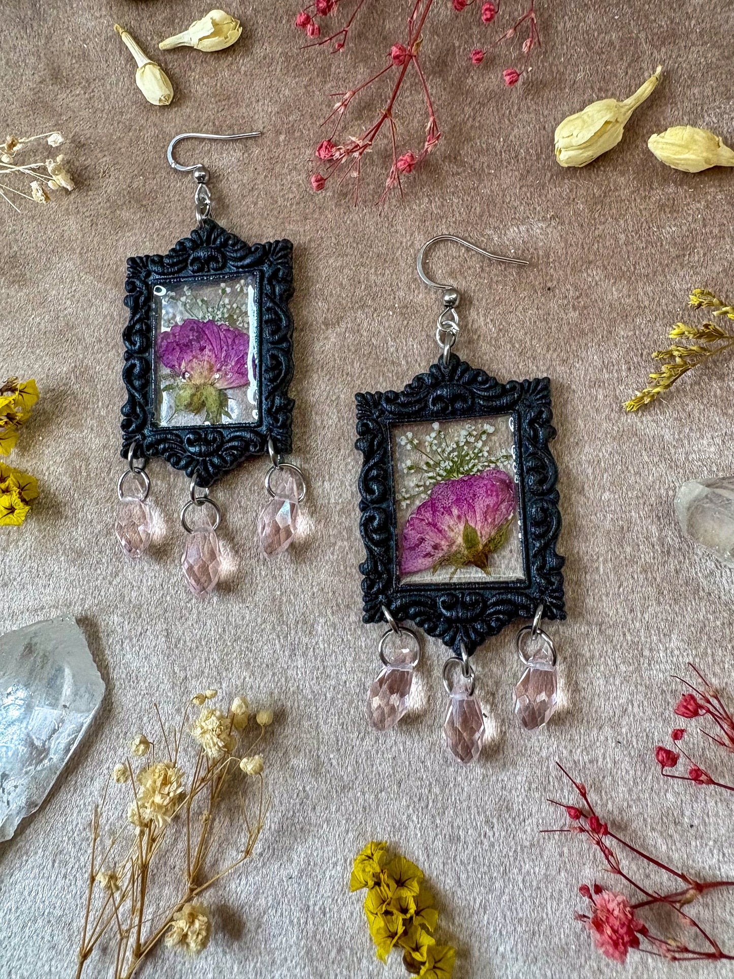 Pink Rose Rectangle Frame Earrings