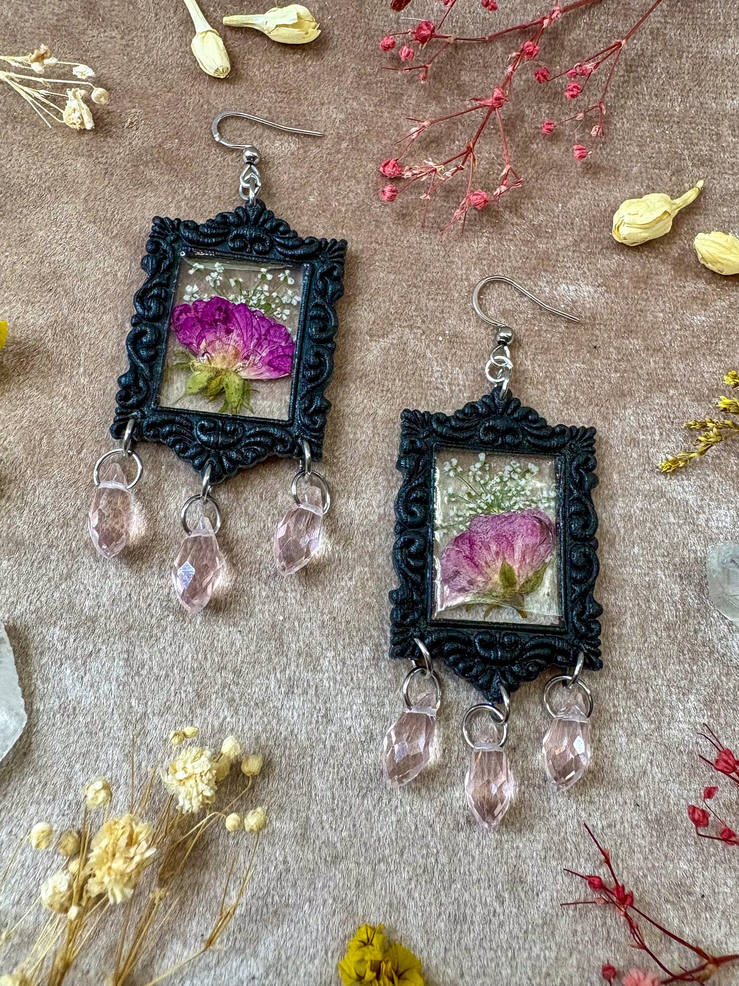 Pink Rose Rectangle Frame Earrings