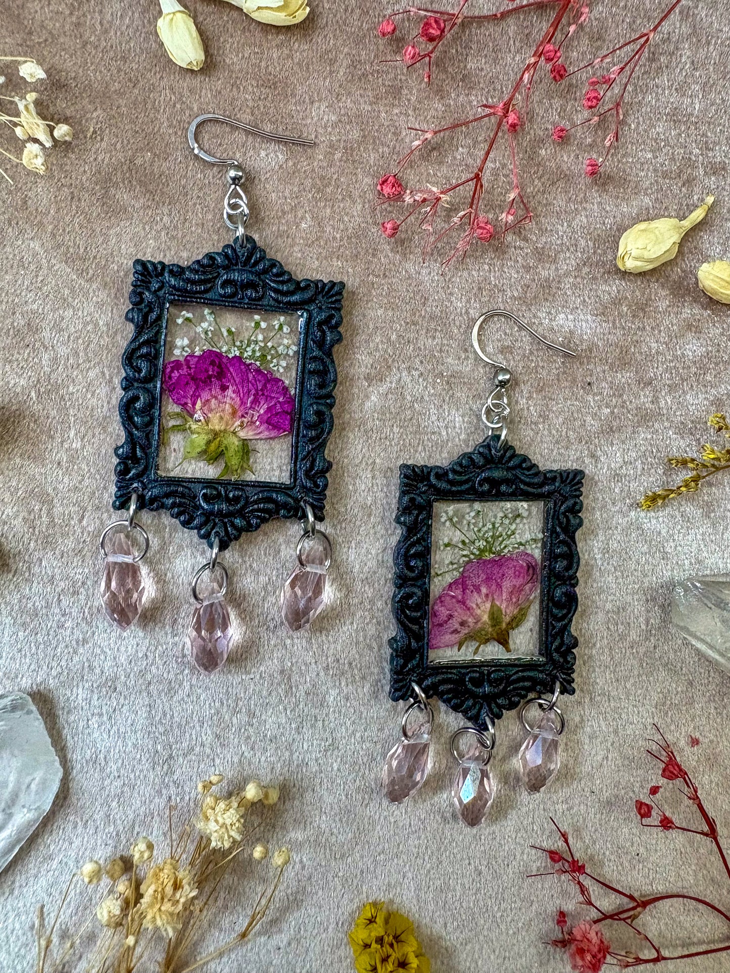 Pink Rose Rectangle Frame Earrings