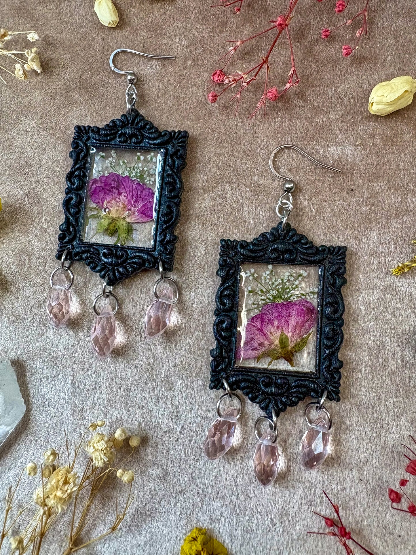 Pink Rose Rectangle Frame Earrings