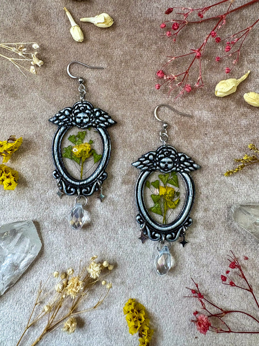 Silver Angel Yellow Floral Frame Earrings
