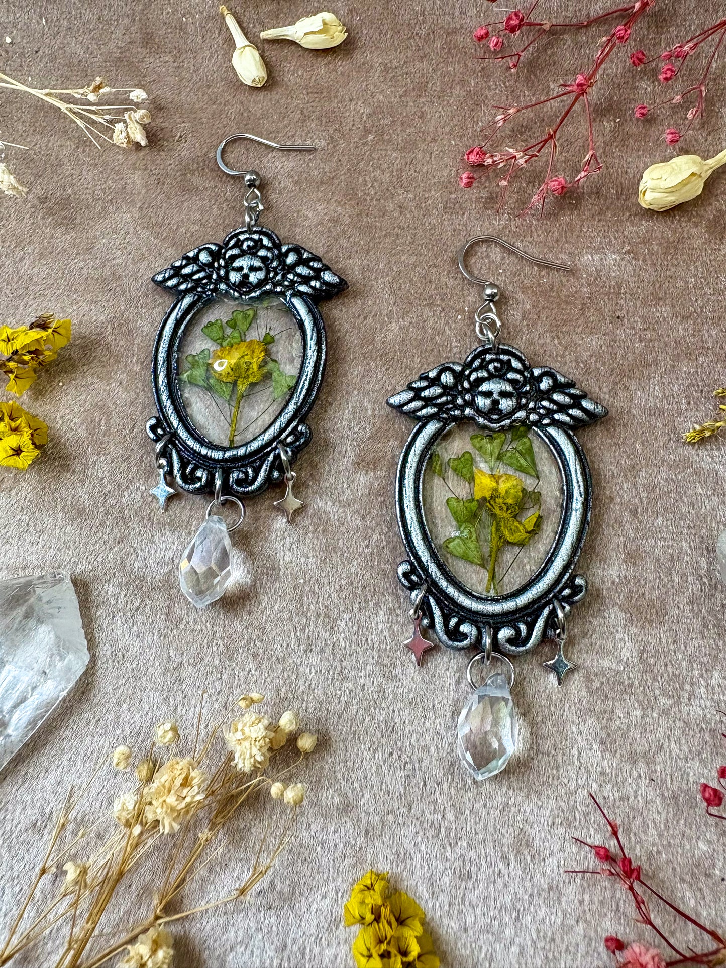 Silver Angel Yellow Floral Frame Earrings