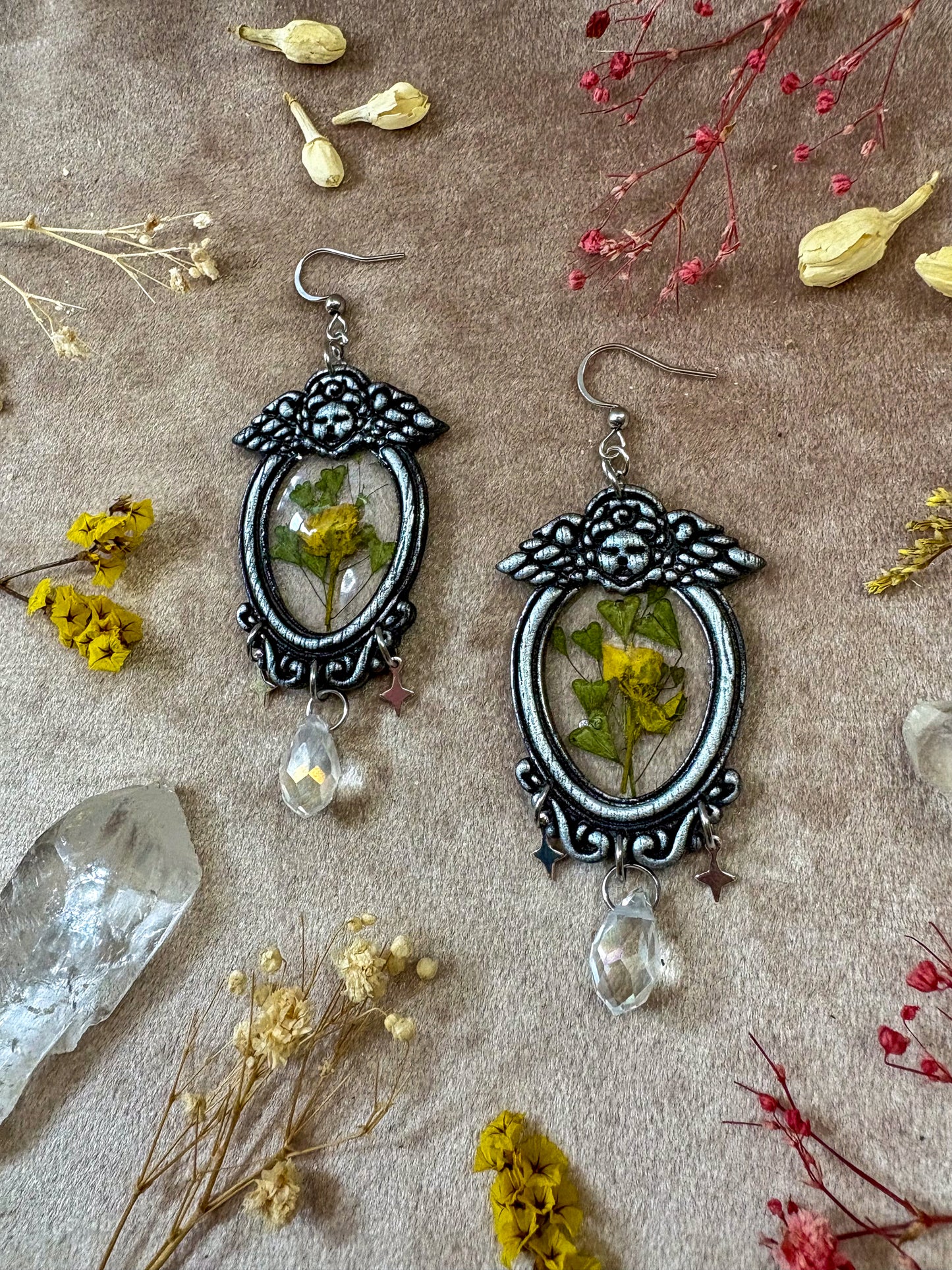 Silver Angel Yellow Floral Frame Earrings