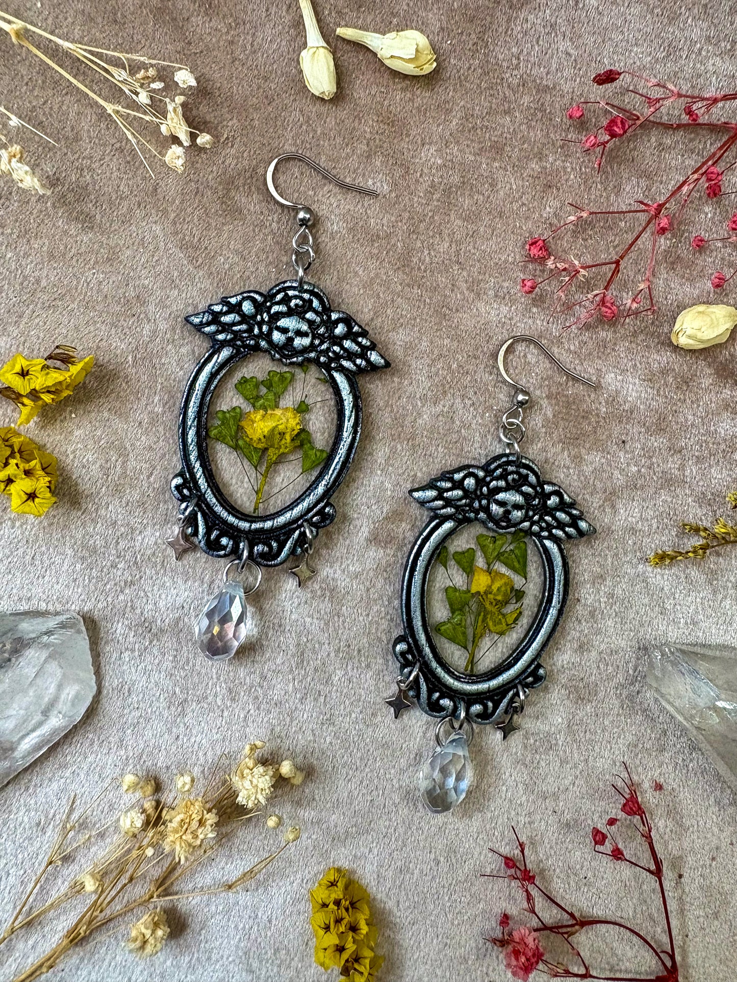 Silver Angel Yellow Floral Frame Earrings