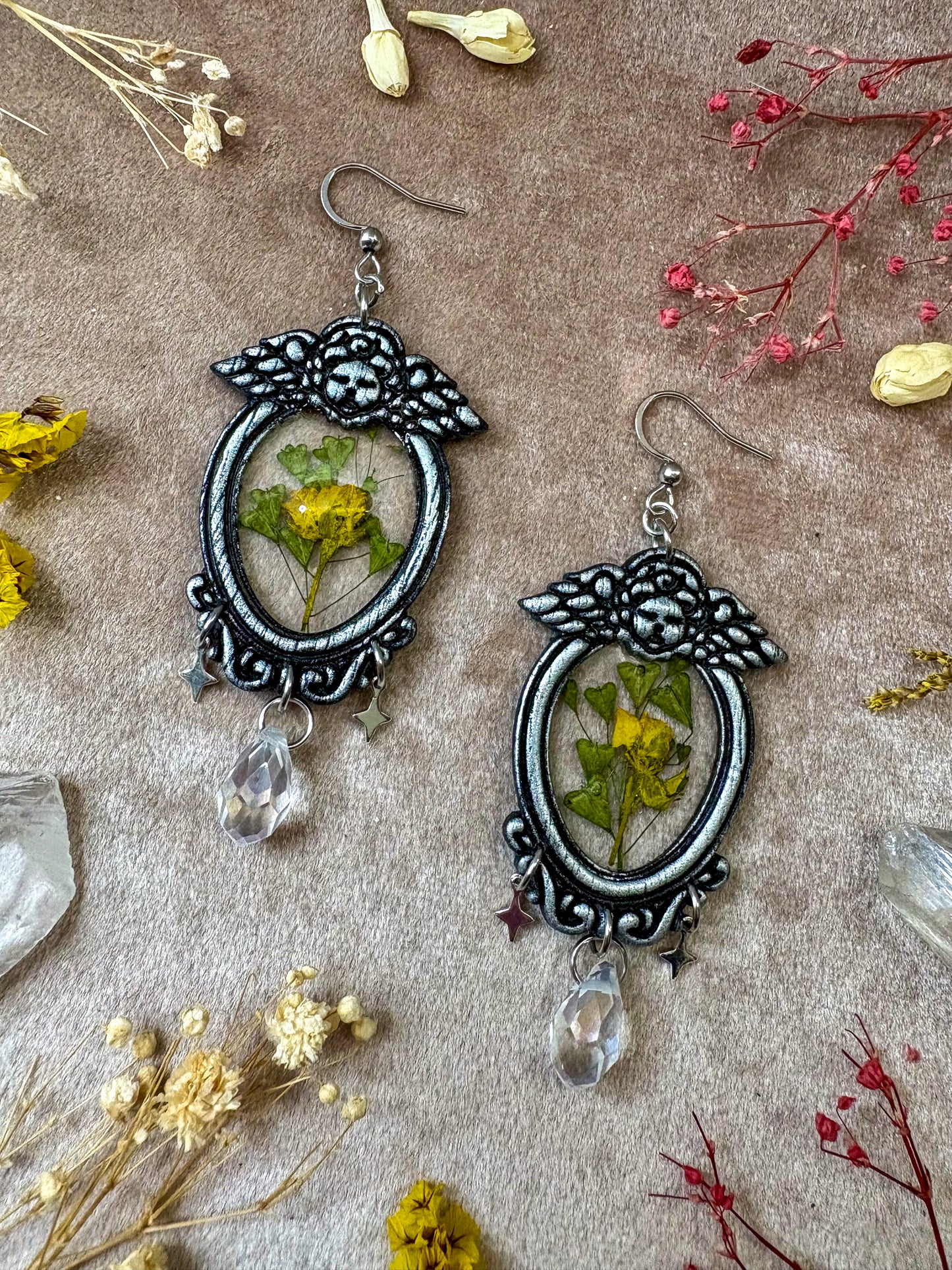 Silver Angel Yellow Floral Frame Earrings
