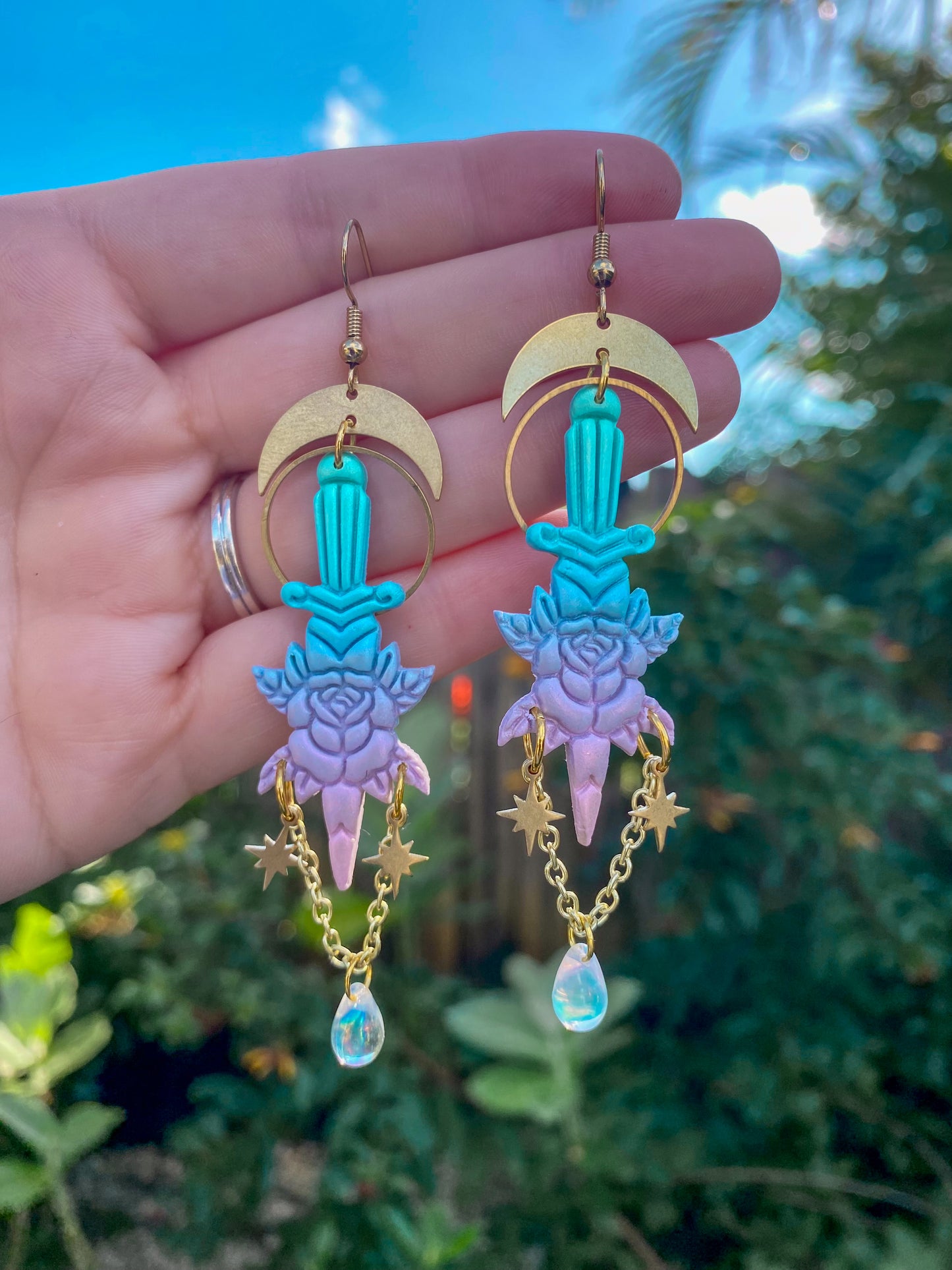 Rainbow Ombre Rose and Dagger Earrings