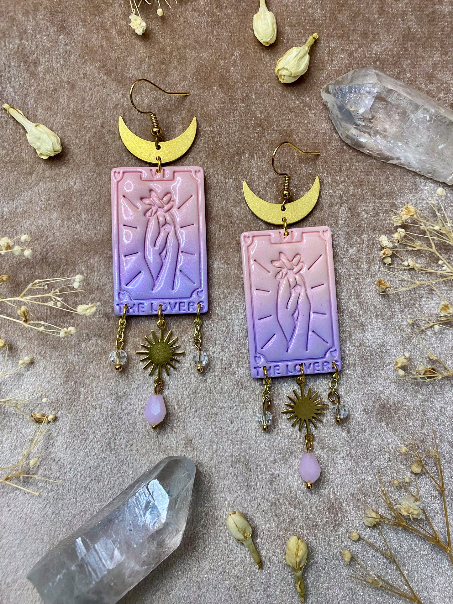 Pink and purple polymer clay and resin lovers tarot card dangle earrings