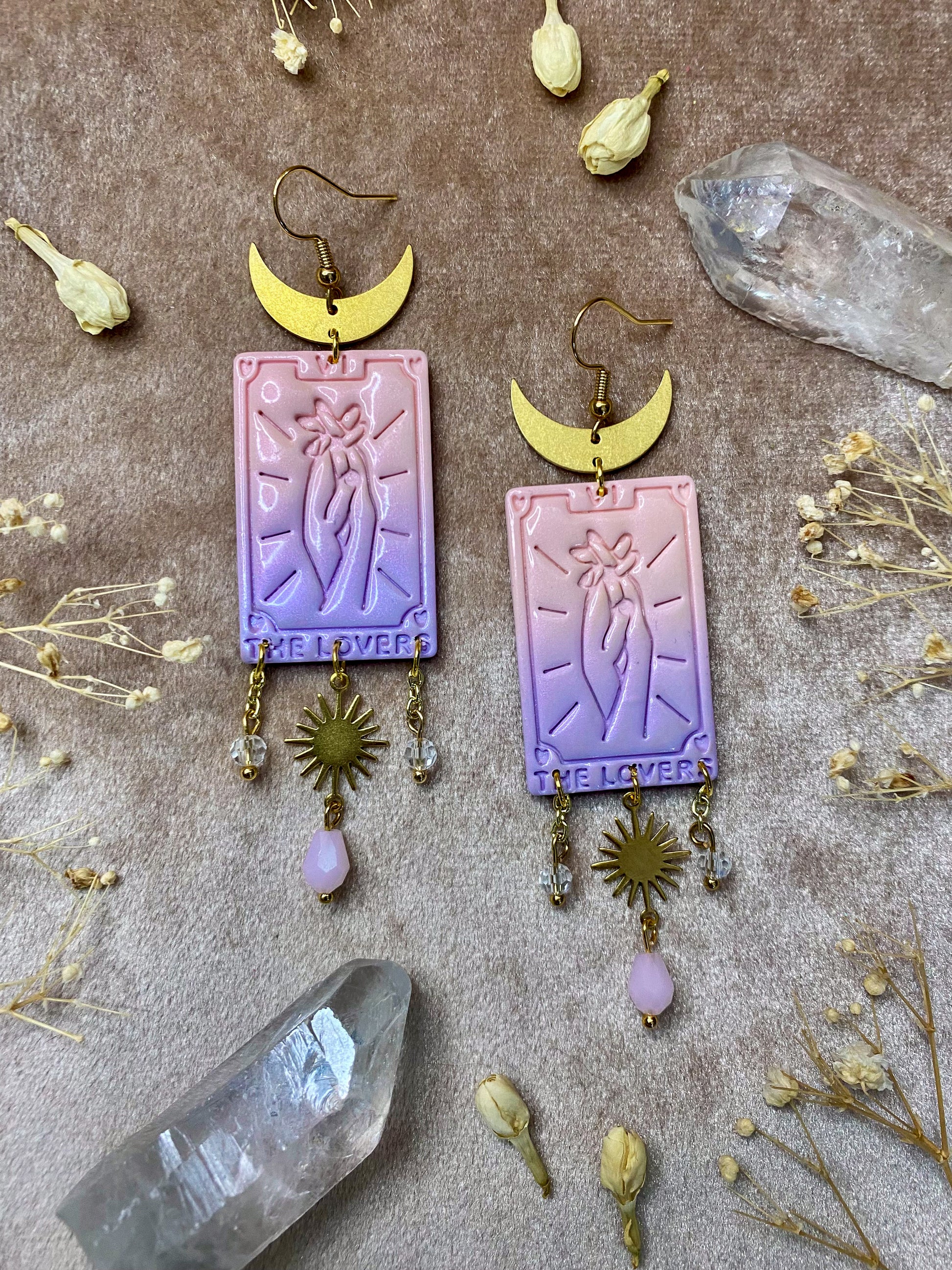 Pink and purple polymer clay and resin lovers tarot card dangle earrings