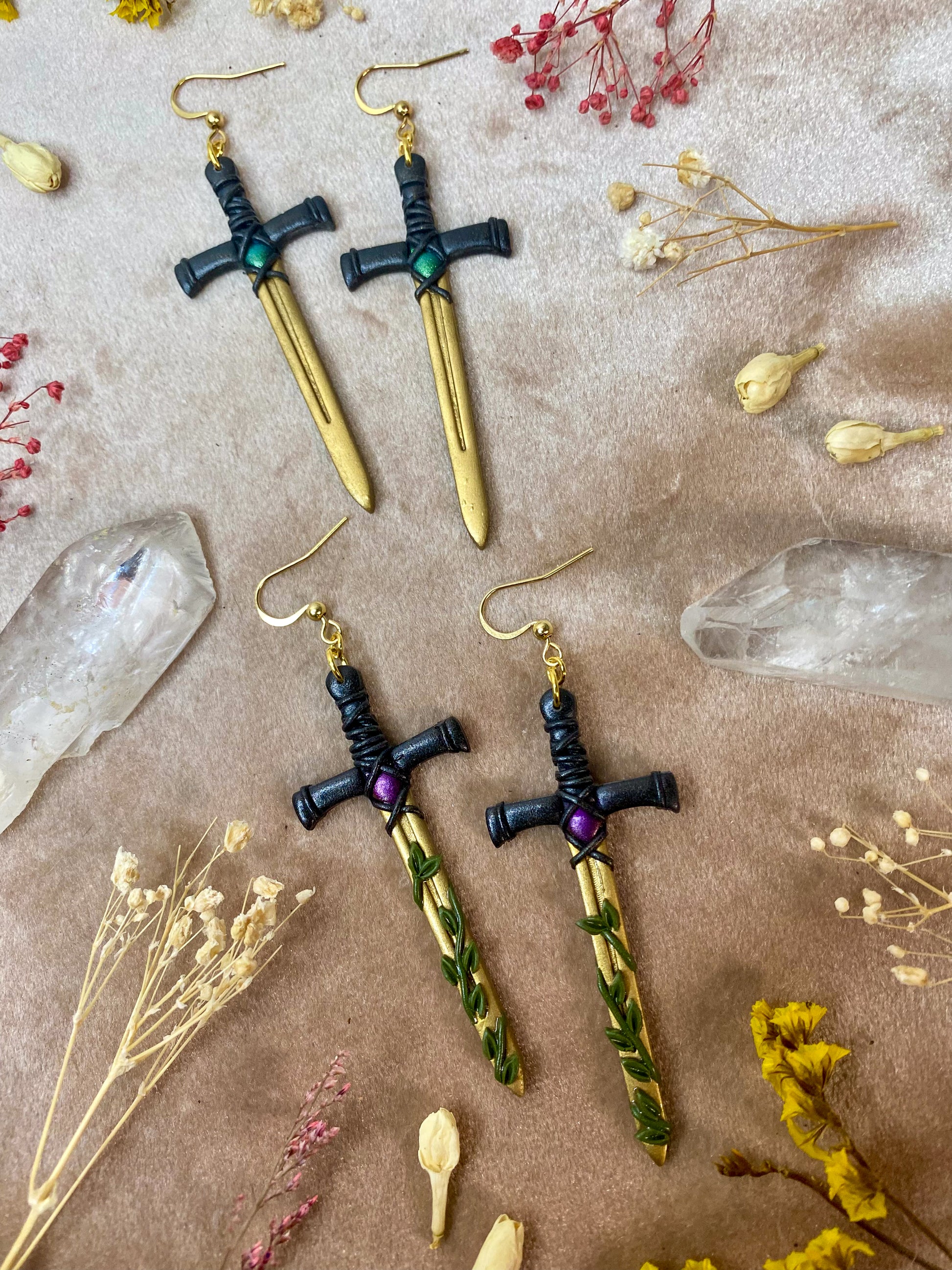 gold long sword with leaves polymer clay dangle earrings