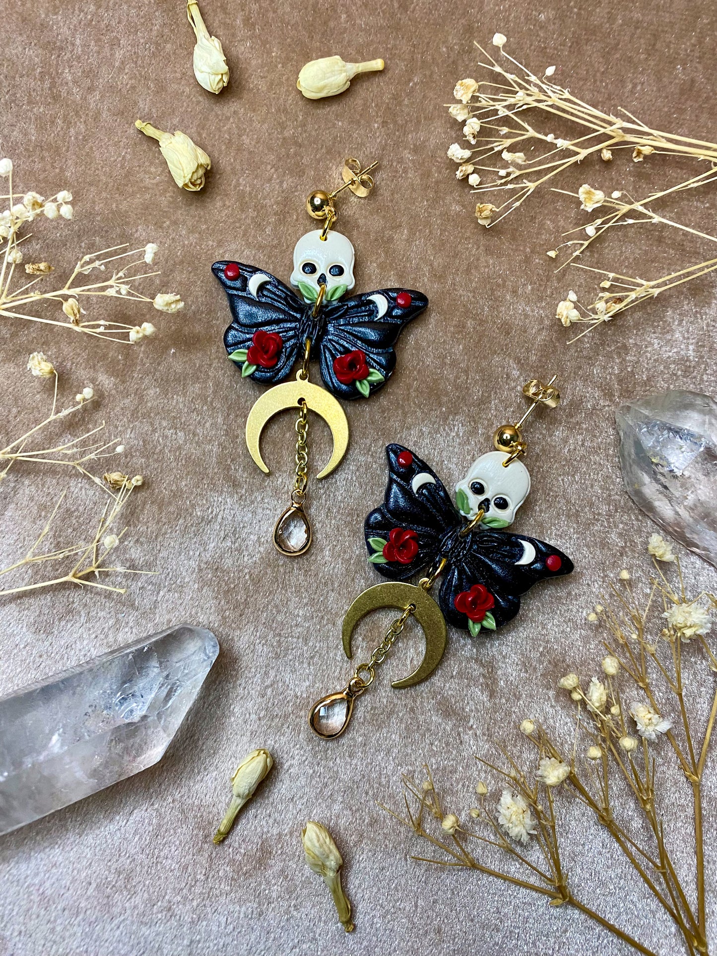 polymer clay red floral rose skull moth dangle earrings