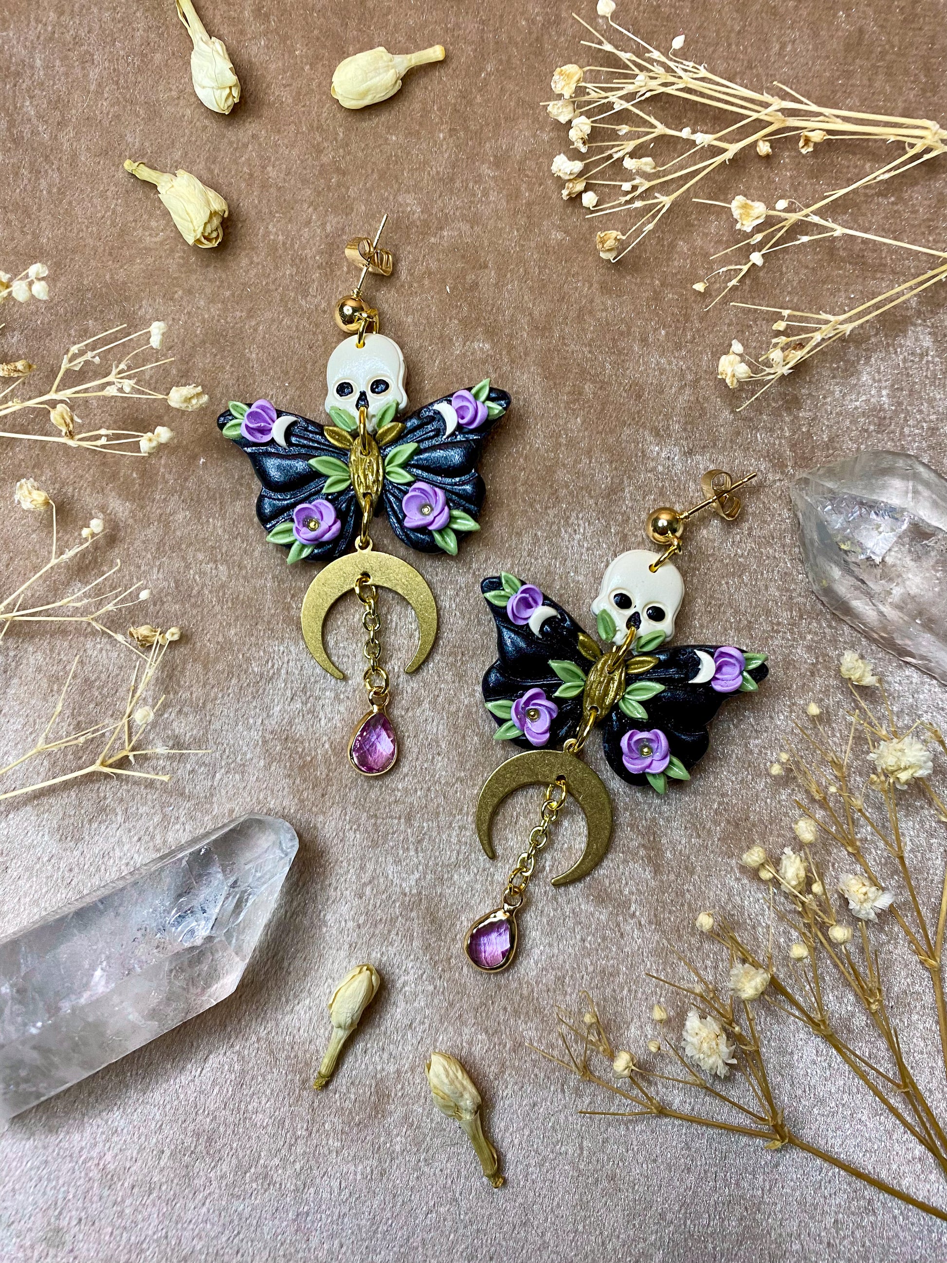 polymer clay purple floral moth dangle earrings