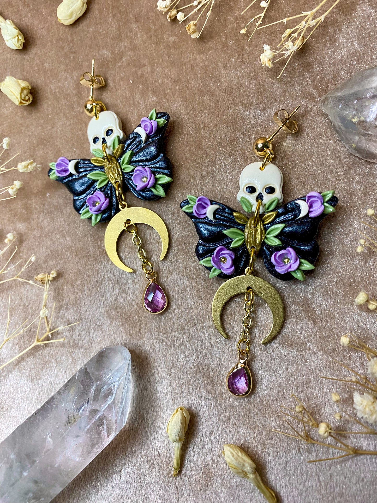 Lavender Floral Skull Moth Earrings
