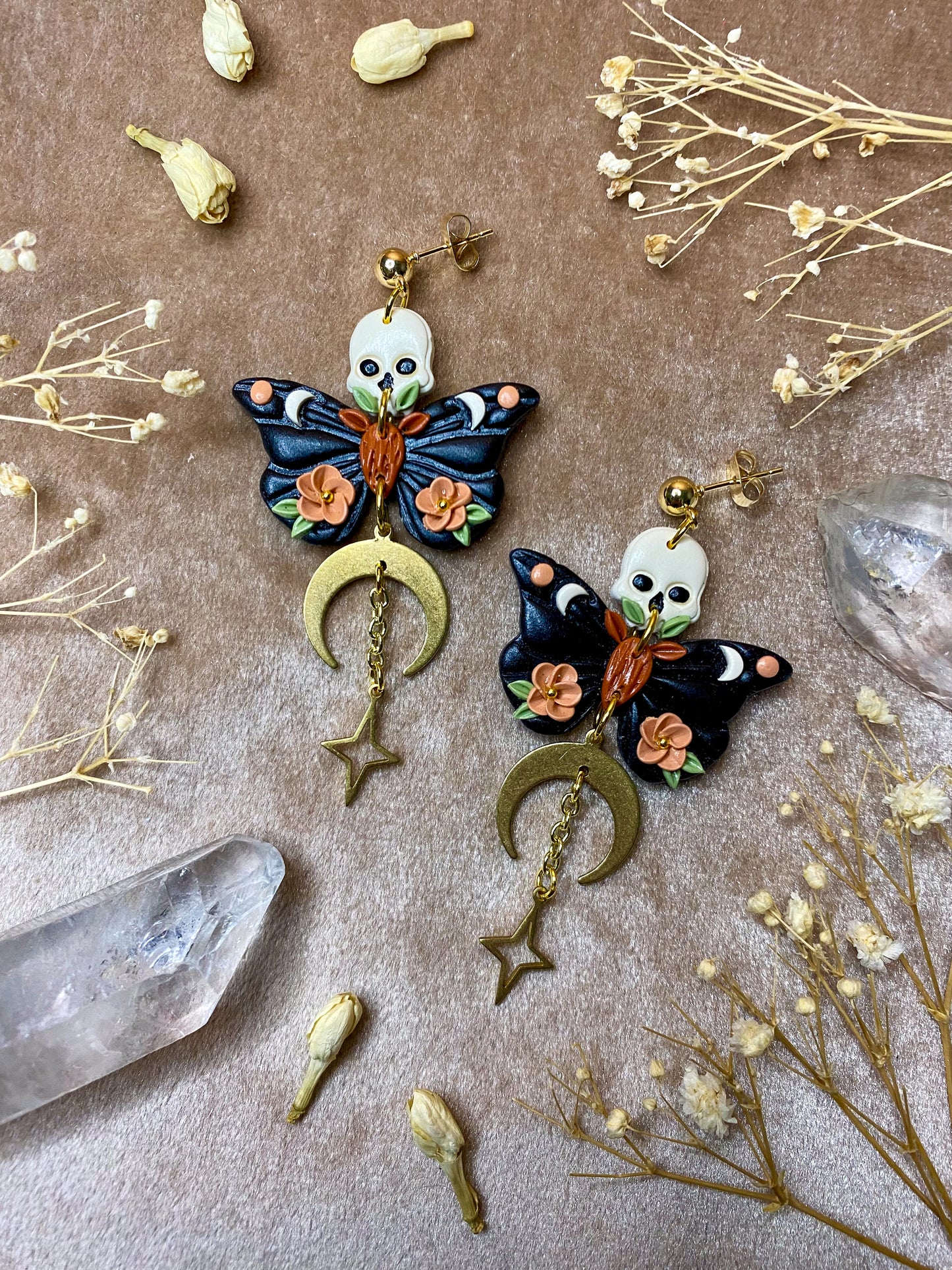 Dark Orange Floral Skull Moth Earrings