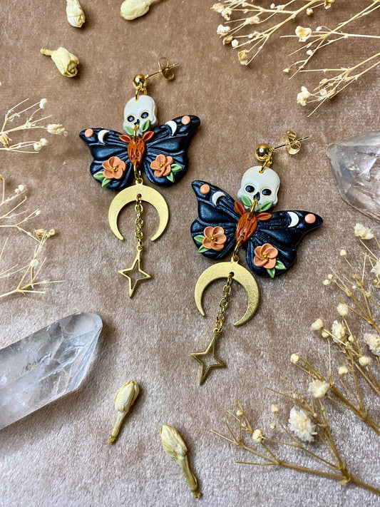 Dark Orange Floral Skull Moth Earrings