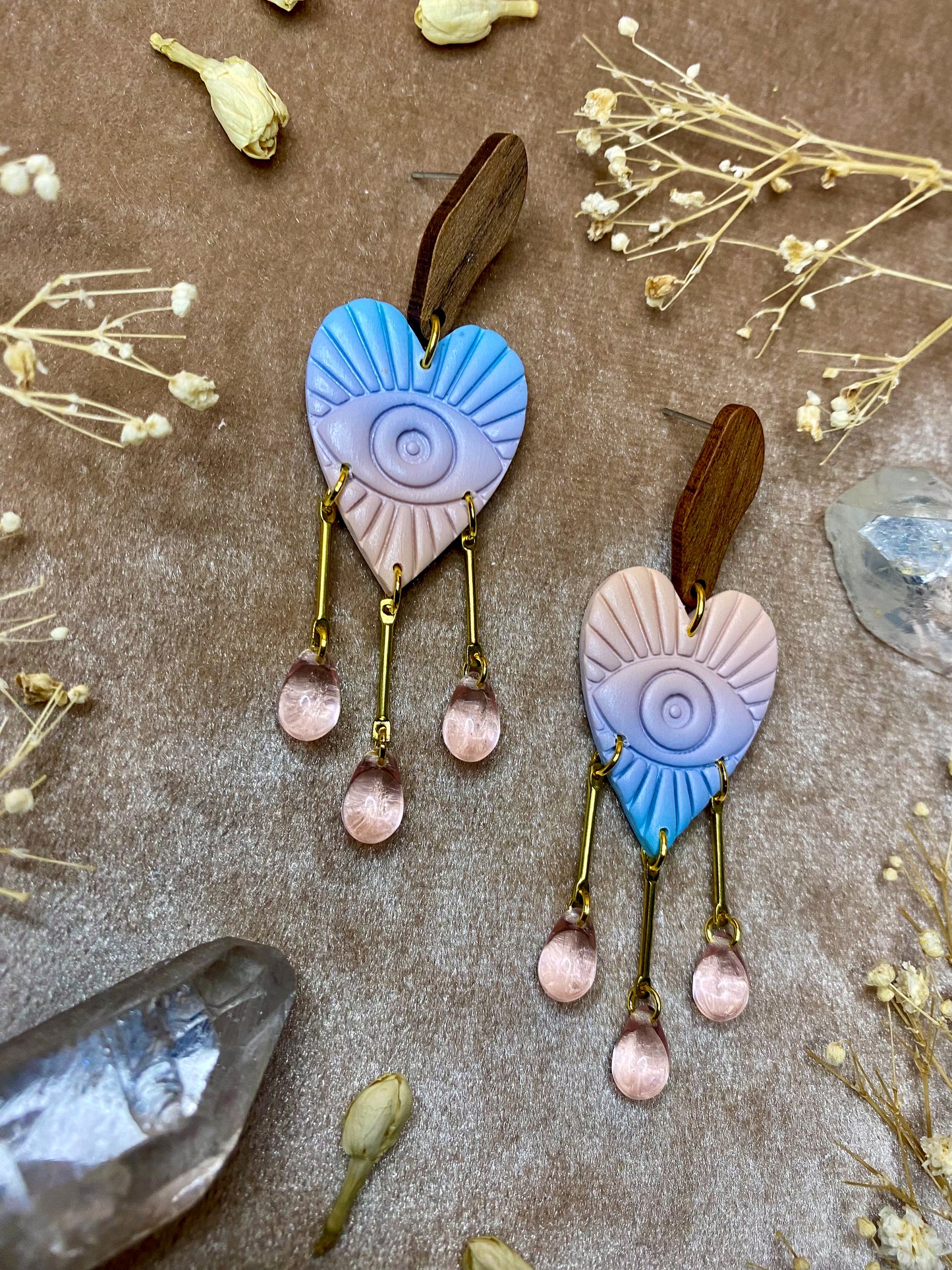 Pink/Blue Heart Eye Crystal Drop Earrings