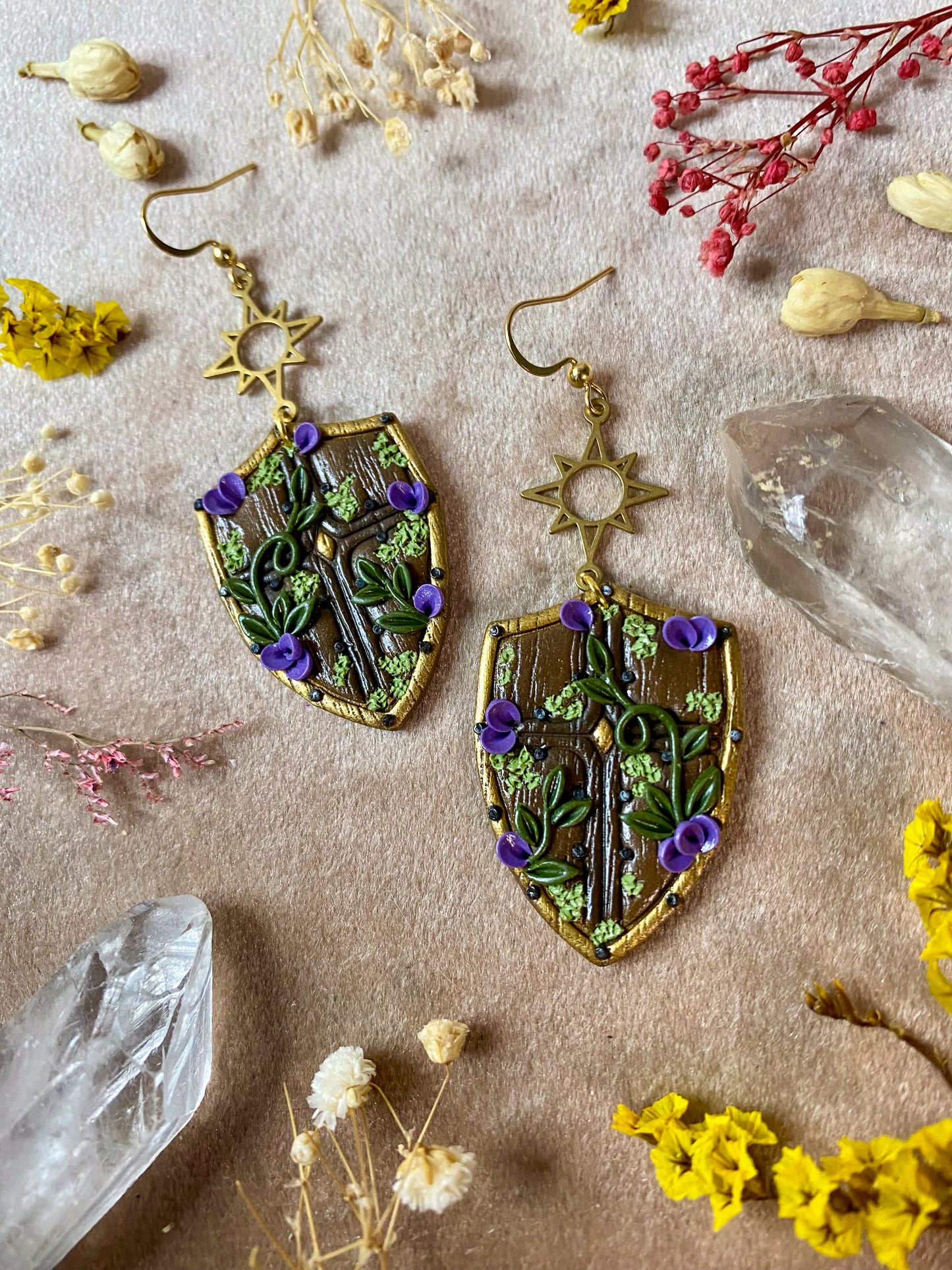 Purple Floral Shield Earrings