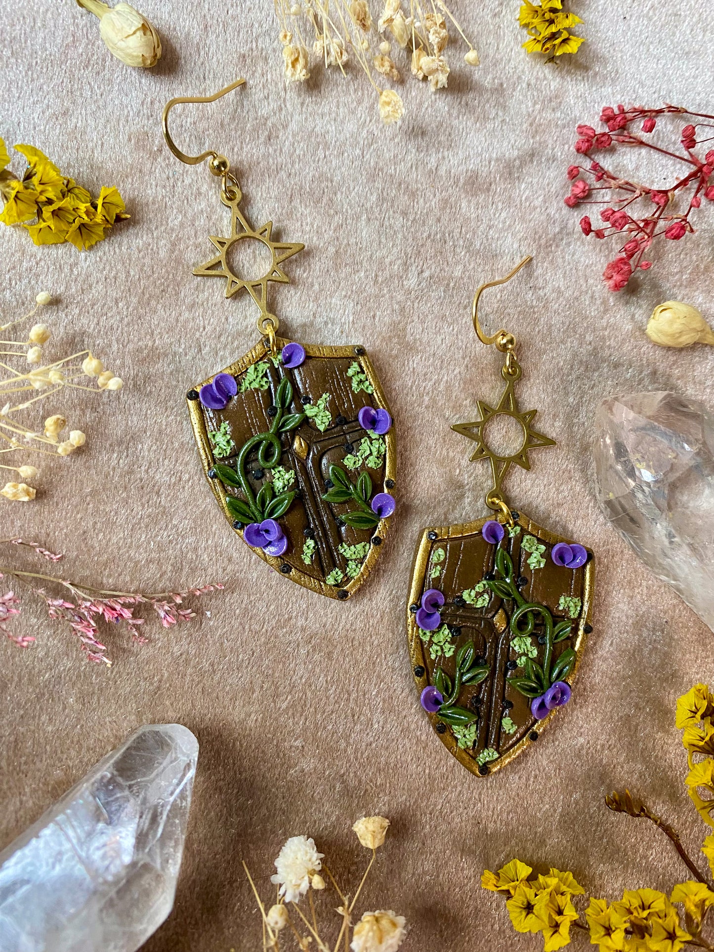 Purple Floral Shield Earrings