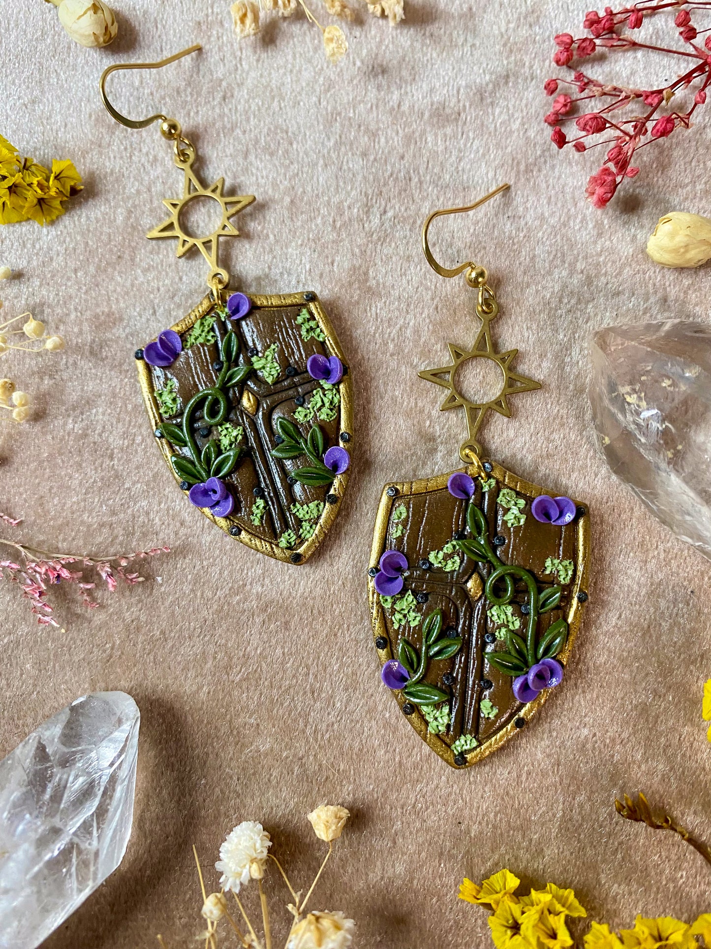 Purple Floral Shield Earrings