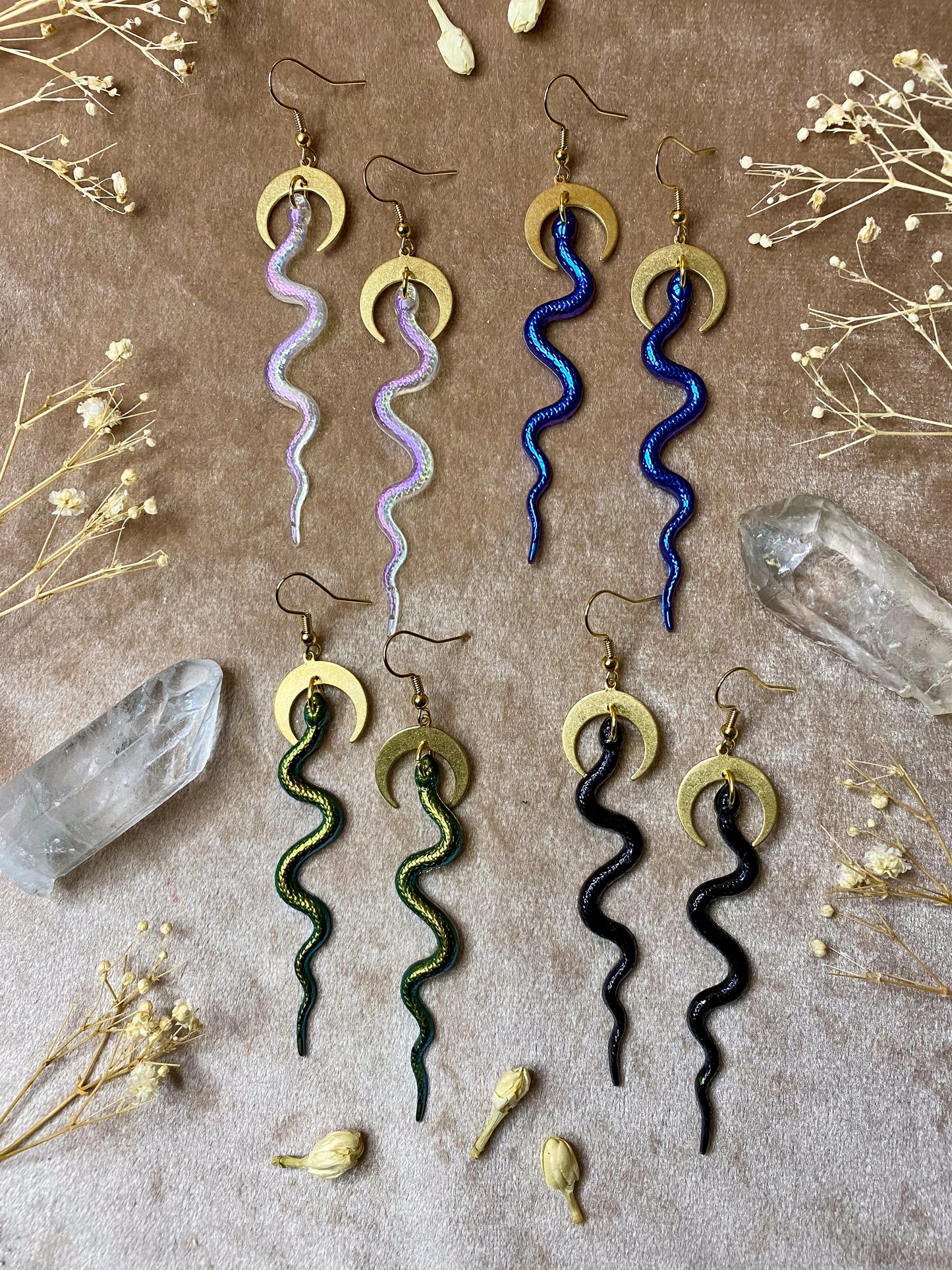 resin snake and moon dangle earrings