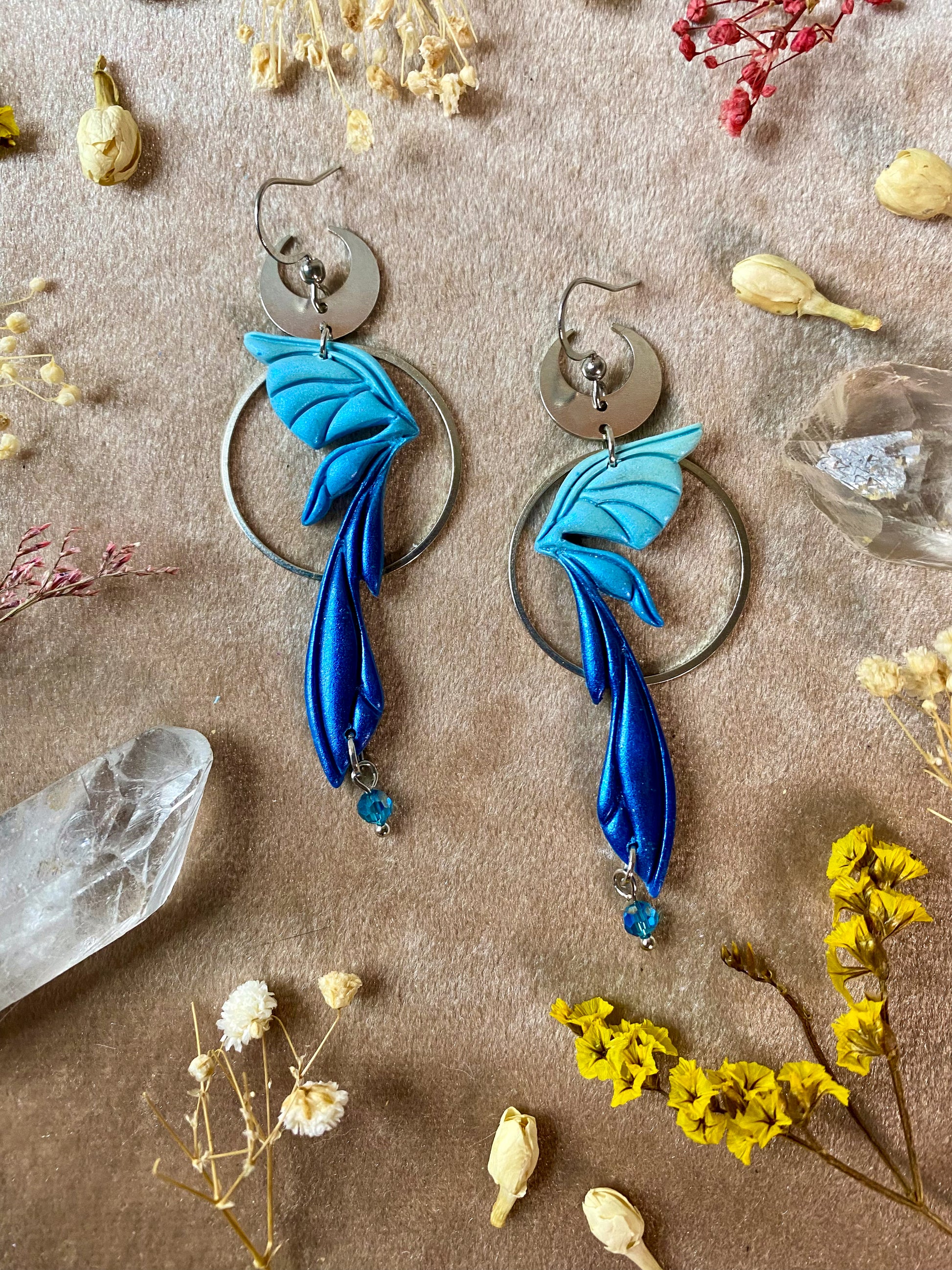 sapphire blue polymer clay fairy wing dangle earrings