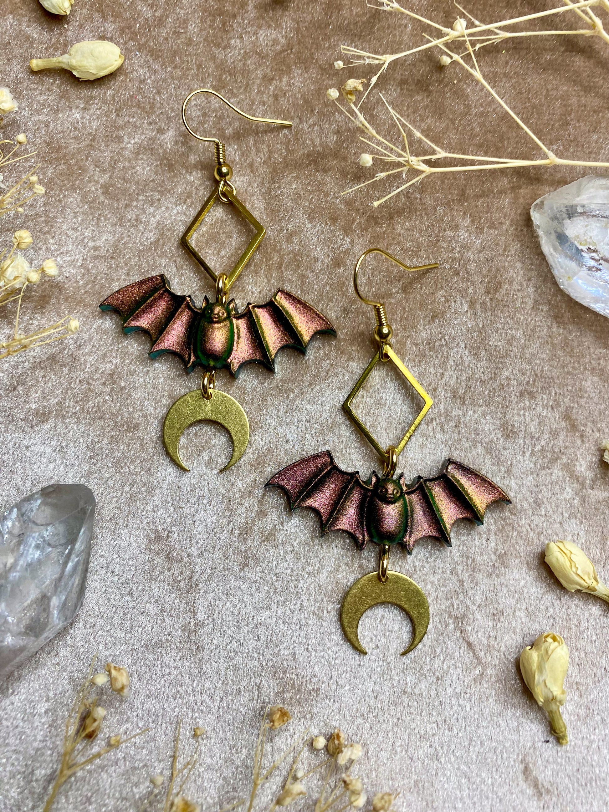 resin color shifting bronze gold green bat dangle earrings