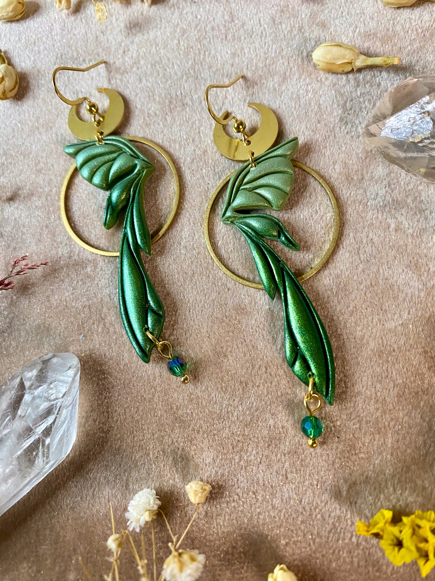 emerald green polymer clay fairy wing dangle earrings