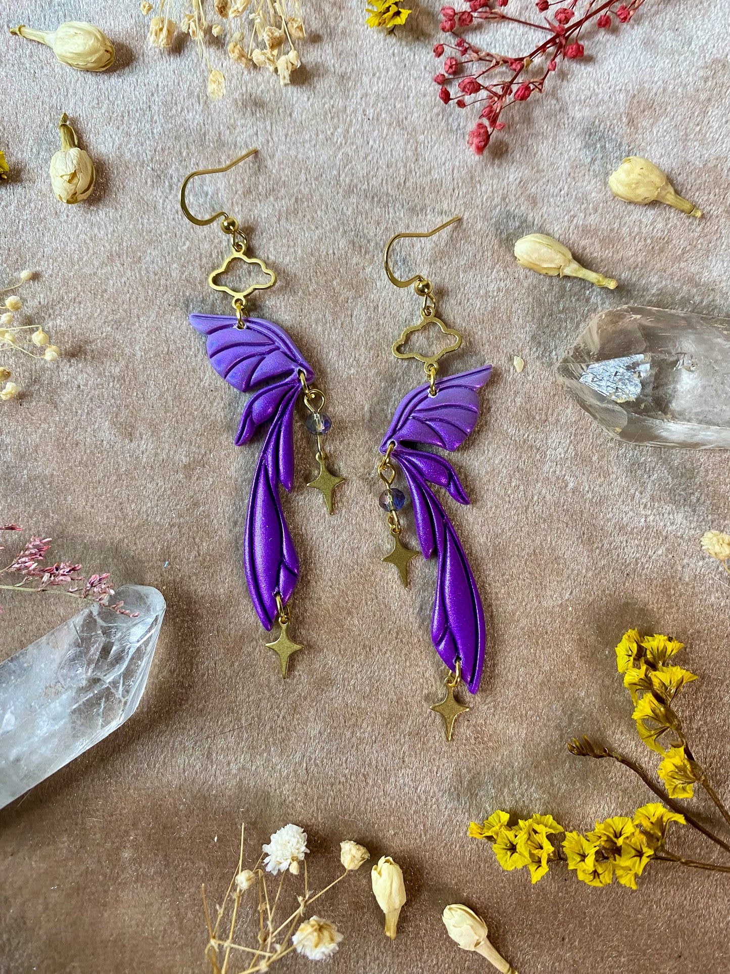 amethyst purple polymer clay fairy wing dangle earrings