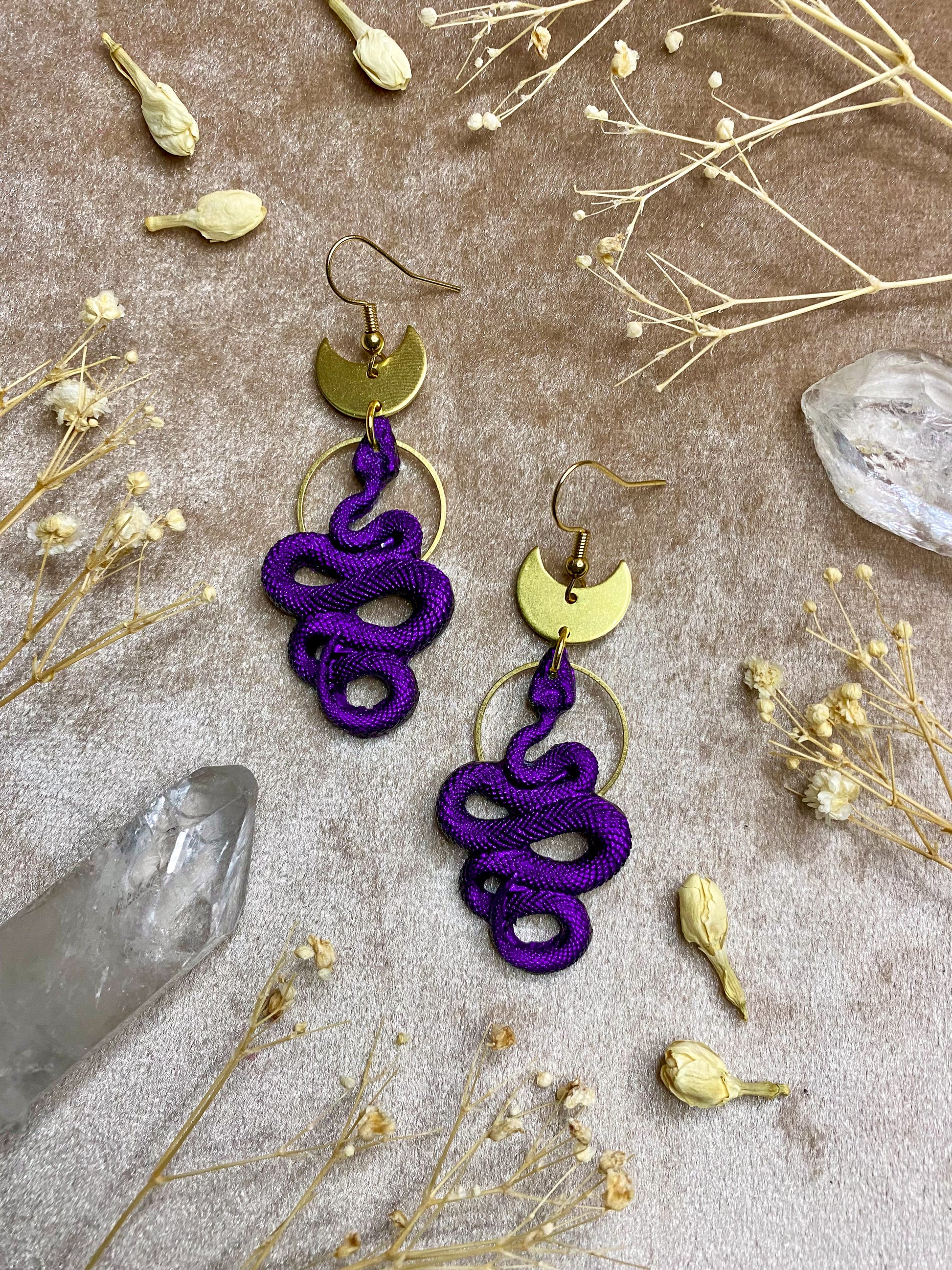 resin deep purple snake dangle earrings