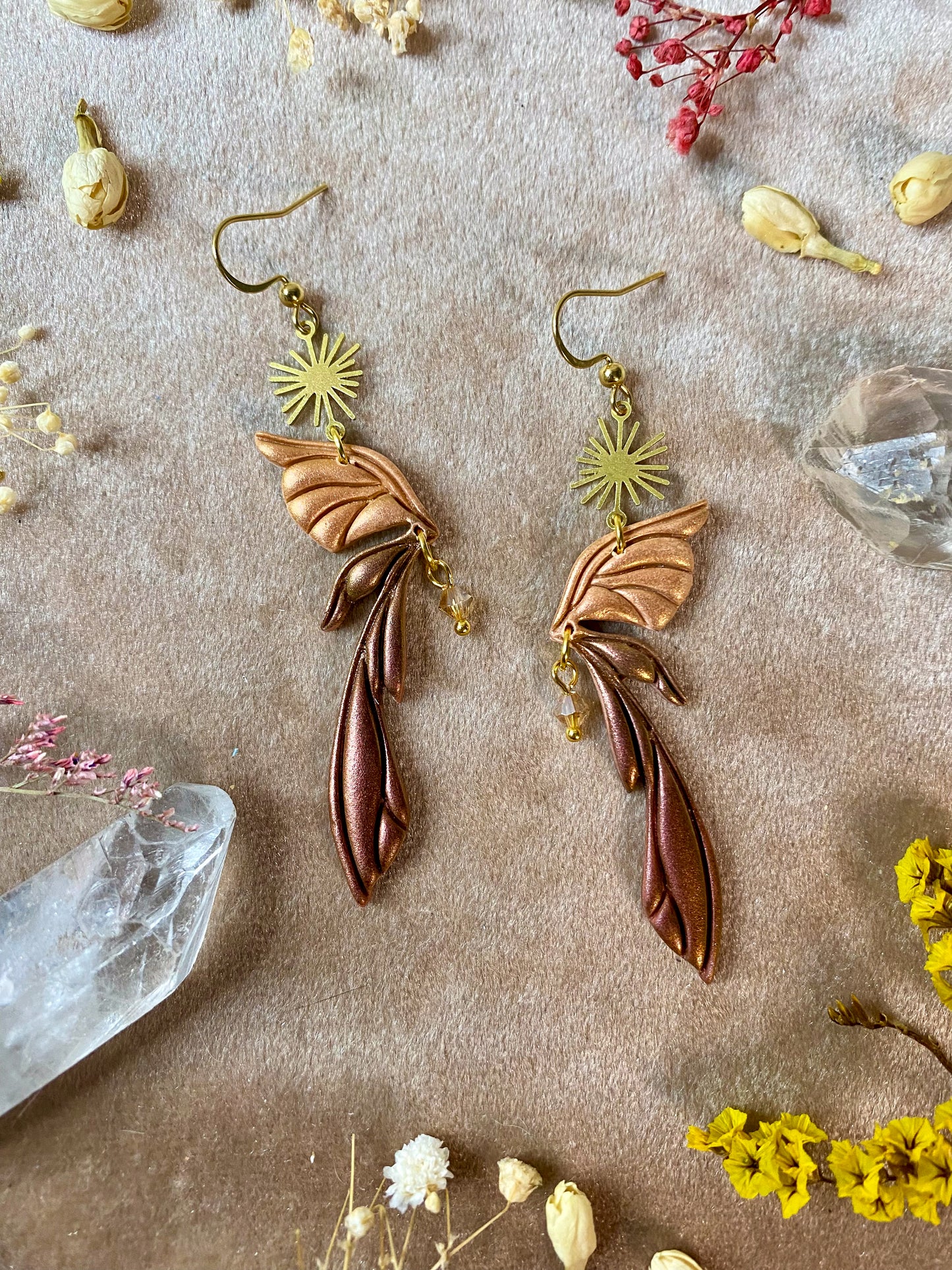 goldstone orange 
polymer clay fairy wing dangle earrings