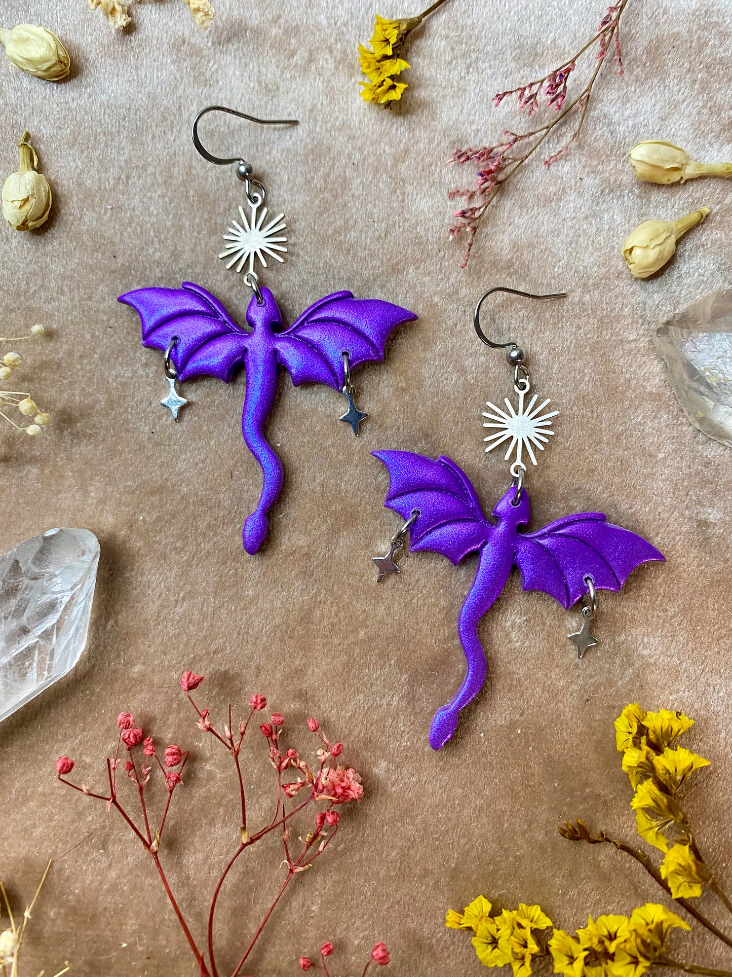 Dragon in Flight Earrings - Purple