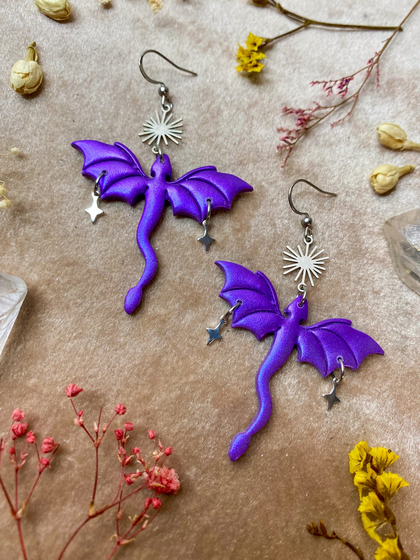 Dragon in Flight Earrings - Purple