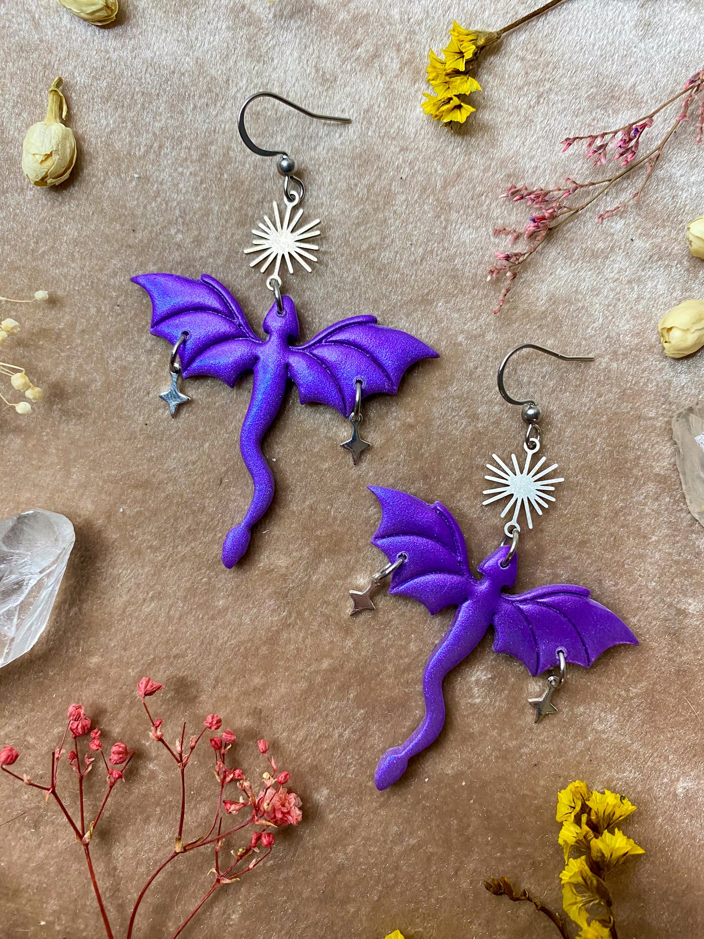 Dragon in Flight Earrings - Purple