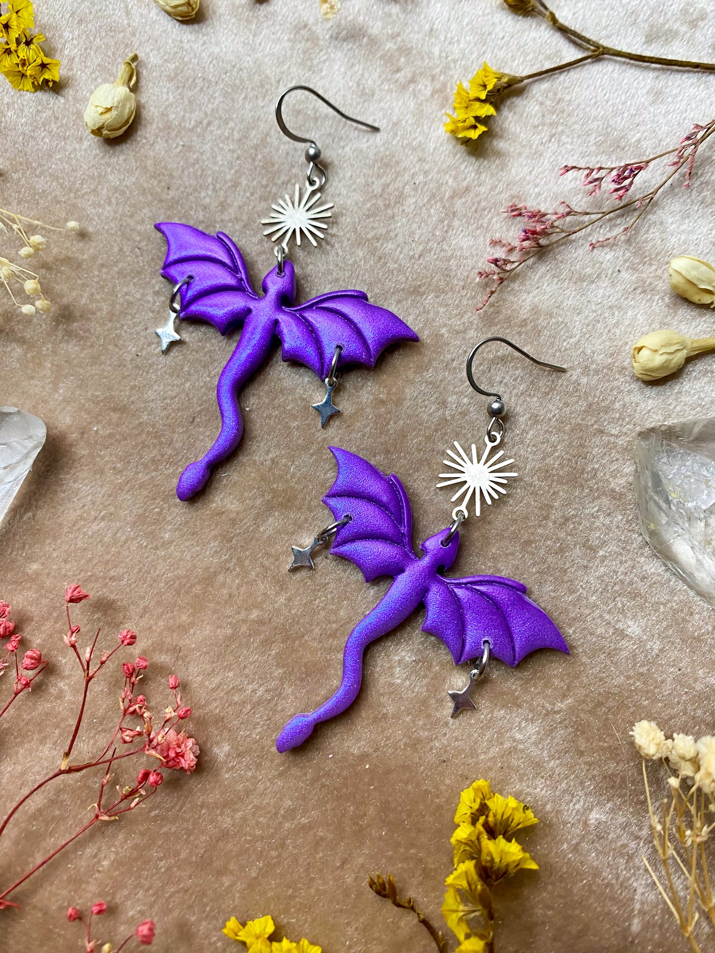 Dragon in Flight Earrings - Purple