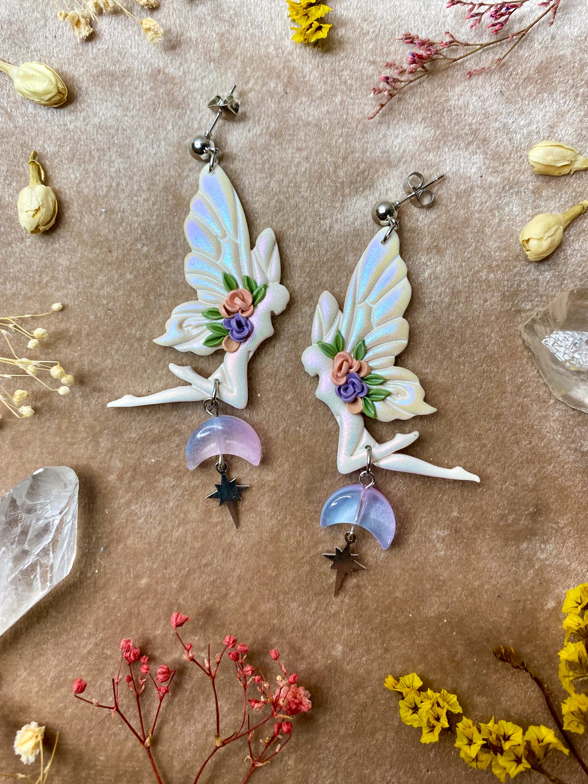 white floral fairy moon and stars polymer clay fantasy dangle earrings