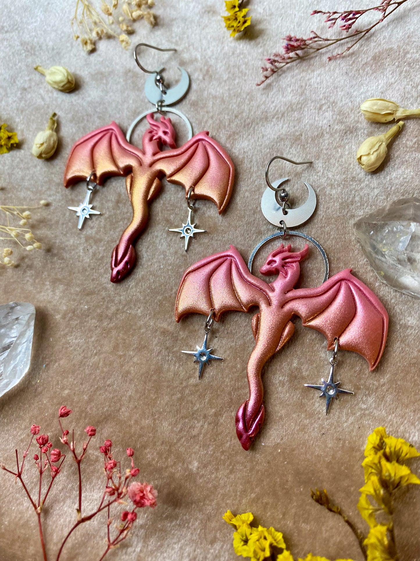 sunset ombre dragon polymer clay fantasy dangle earrings